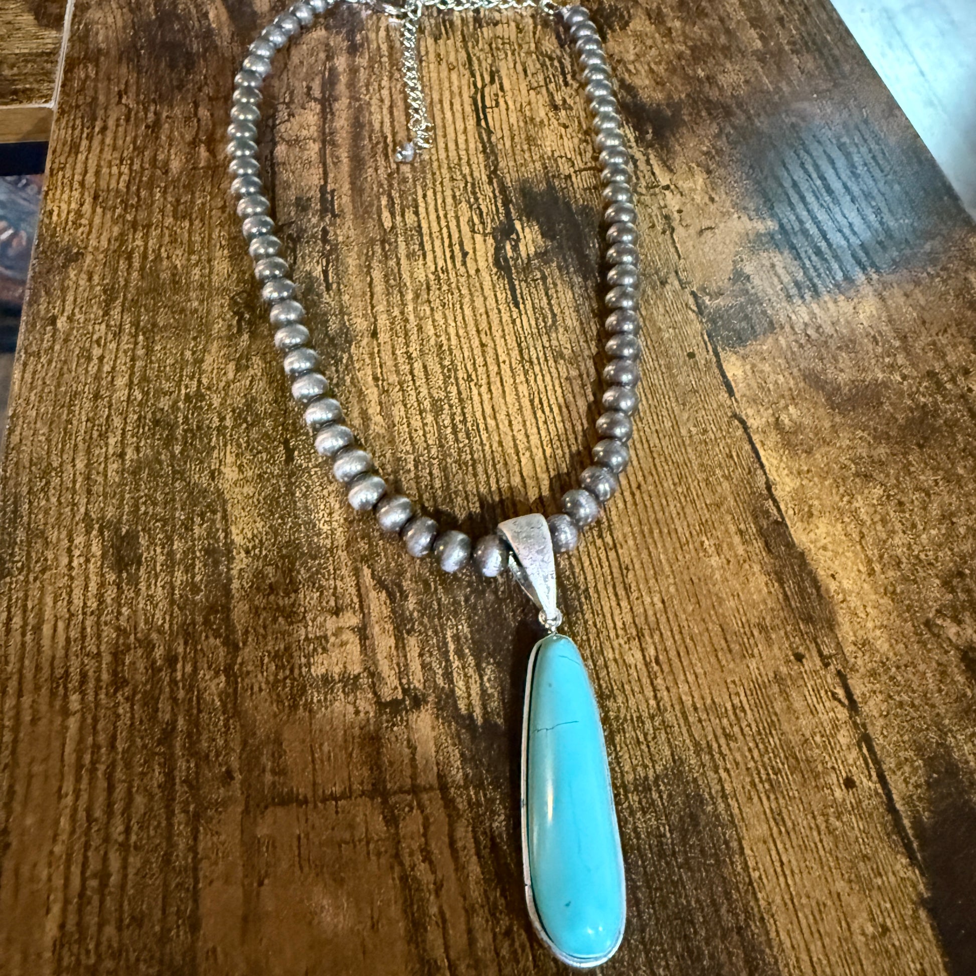 Navajo Style Elongated Turquoise Pendant With 8mm Pearl Beads 16 Inch Adjustable Wild West Boho
