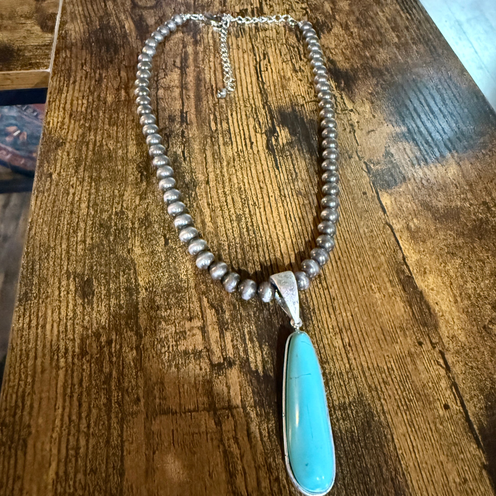 Navajo Style Elongated Turquoise Pendant With 8mm Pearl Beads 16 Inch Adjustable Wild West Boho