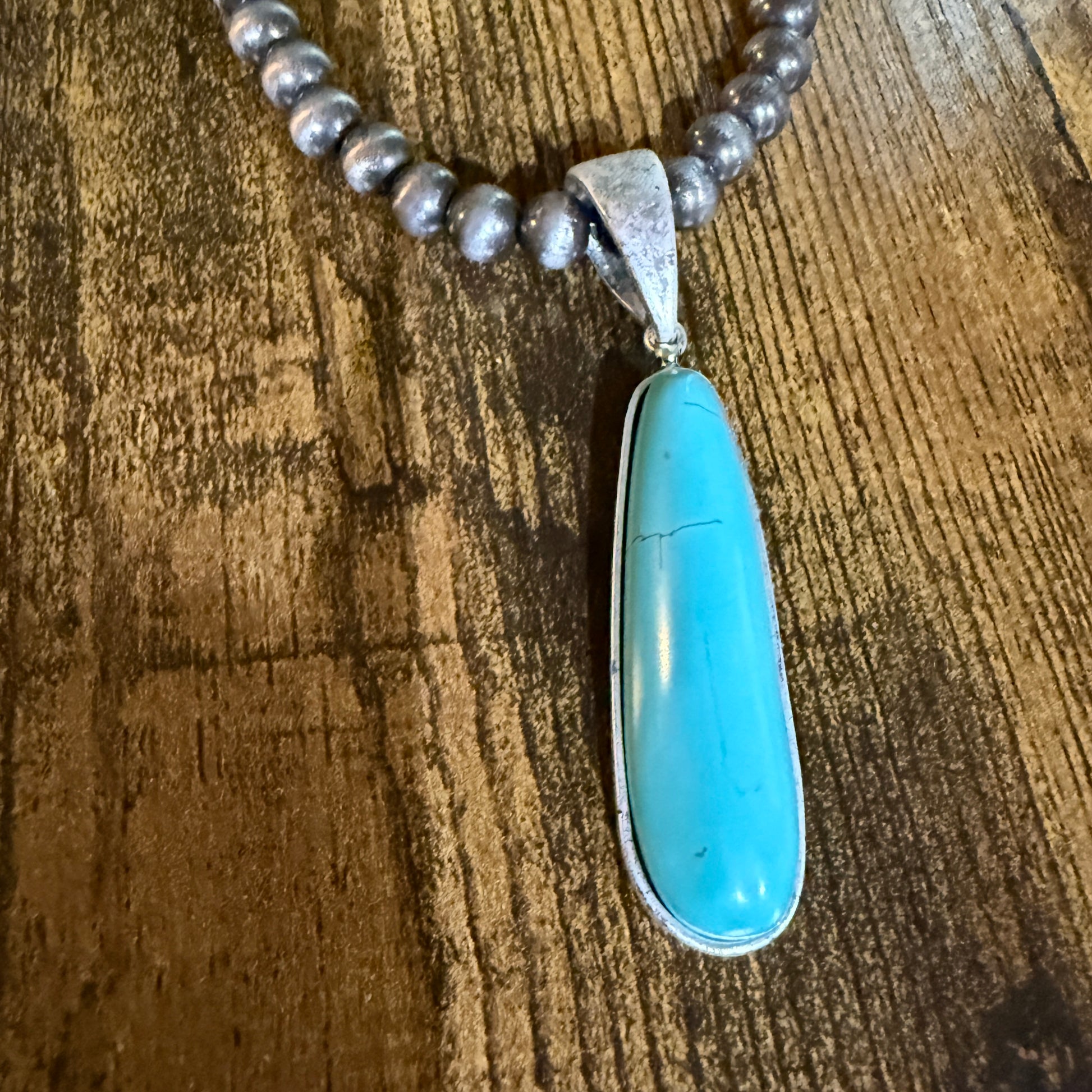 Navajo Style Elongated Turquoise Pendant With 8mm Pearl Beads 16 Inch Adjustable Wild West Boho