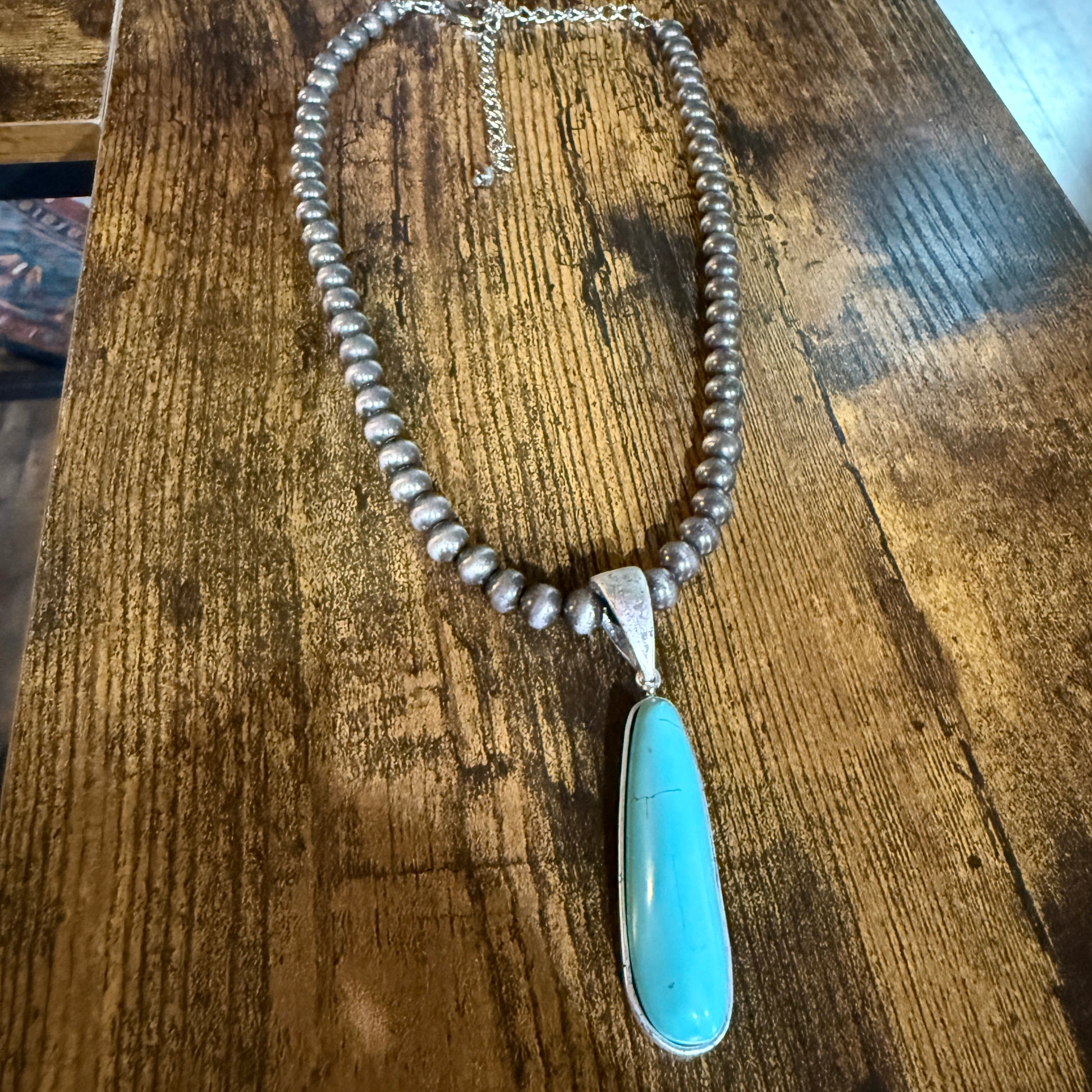 Navajo Style Elongated Turquoise Pendant With 8mm Pearl Beads 16 Inch Adjustable Wild West Boho