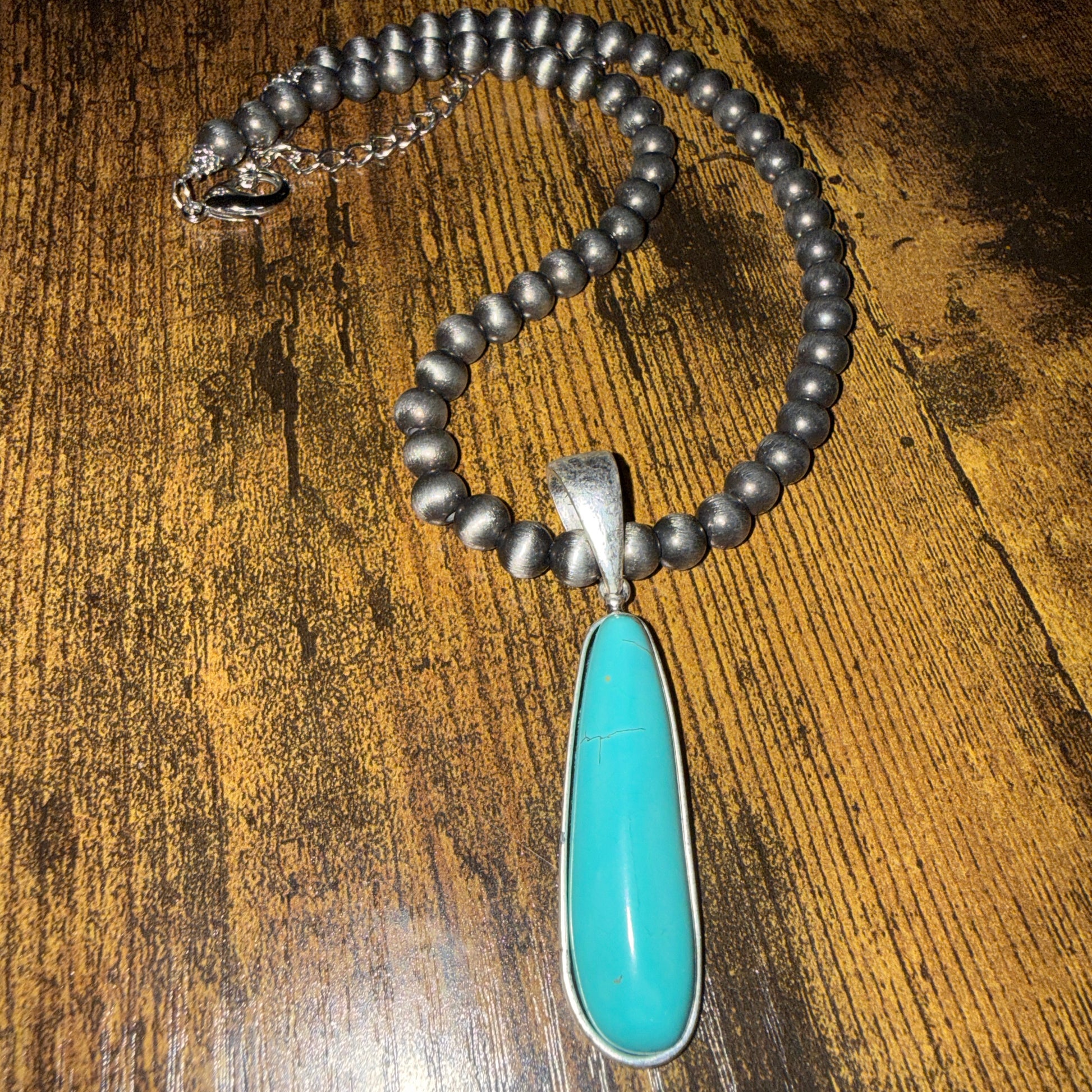 Navajo Style Elongated Turquoise Pendant With 8mm Pearl Beads 16 Inch Adjustable Wild West Boho