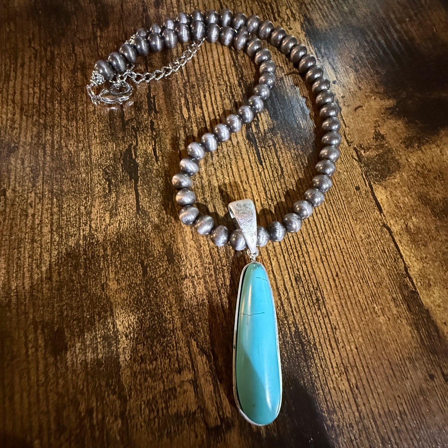 Navajo Style Elongated Turquoise Pendant With 8mm Pearl Beads 16 Inch Adjustable Wild West Boho