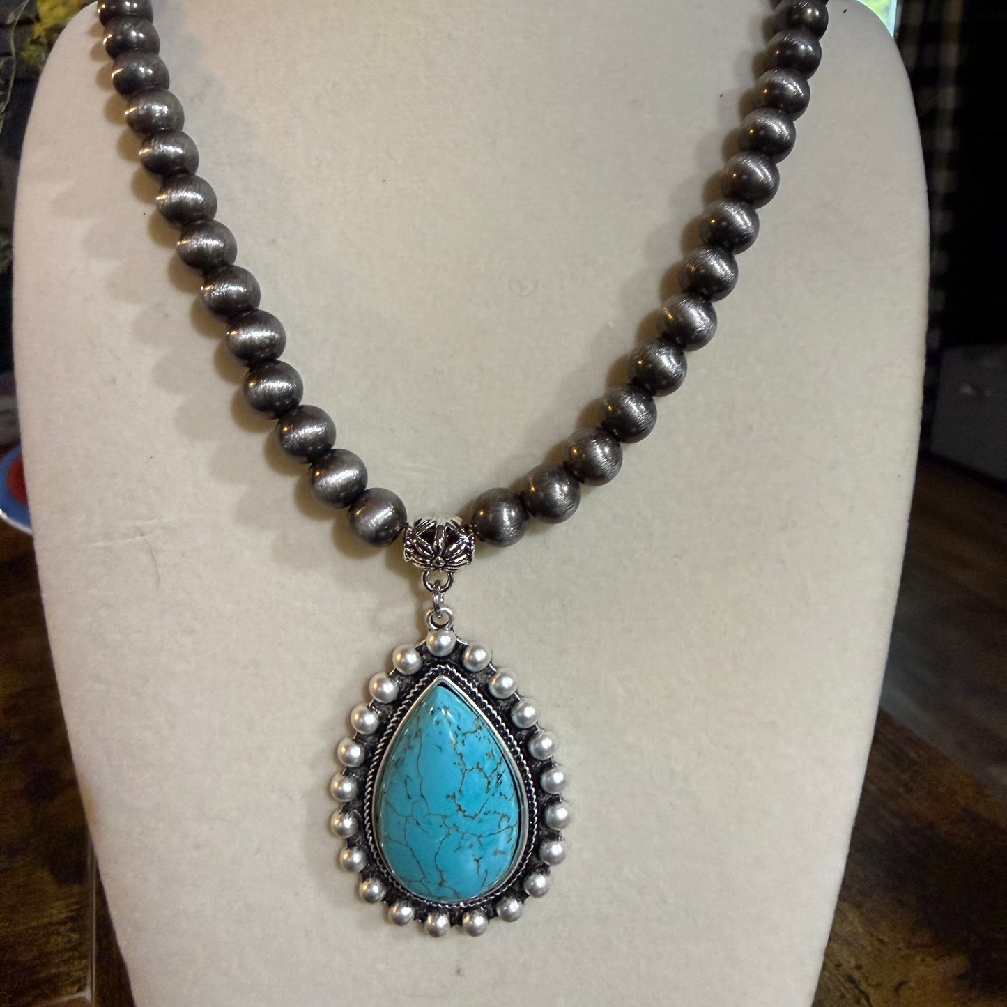 Handmade Western Turquoise Necklace 8mm Pearl Beads With 16 To 21 Inch Extender Wild West Boho