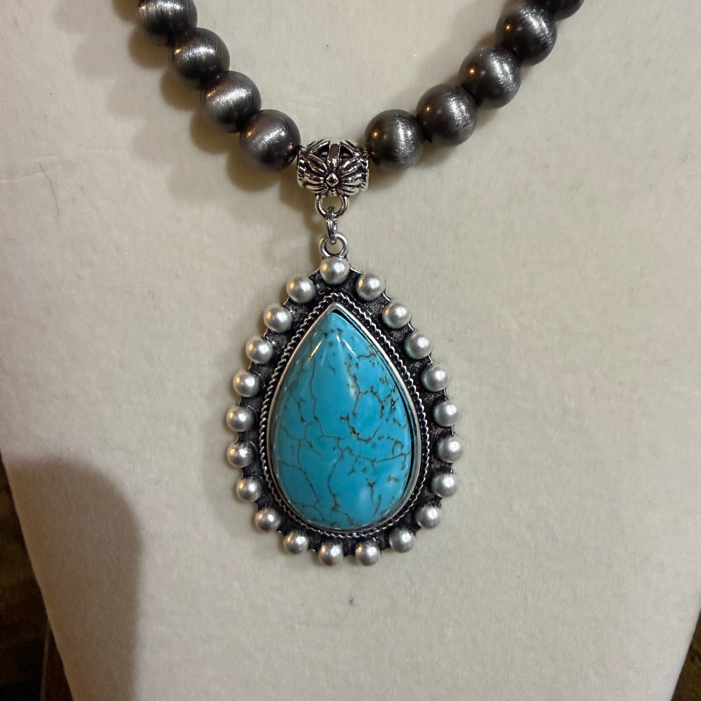Handmade Western Turquoise Necklace 8mm Pearl Beads With 16 To 21 Inch Extender Wild West Boho