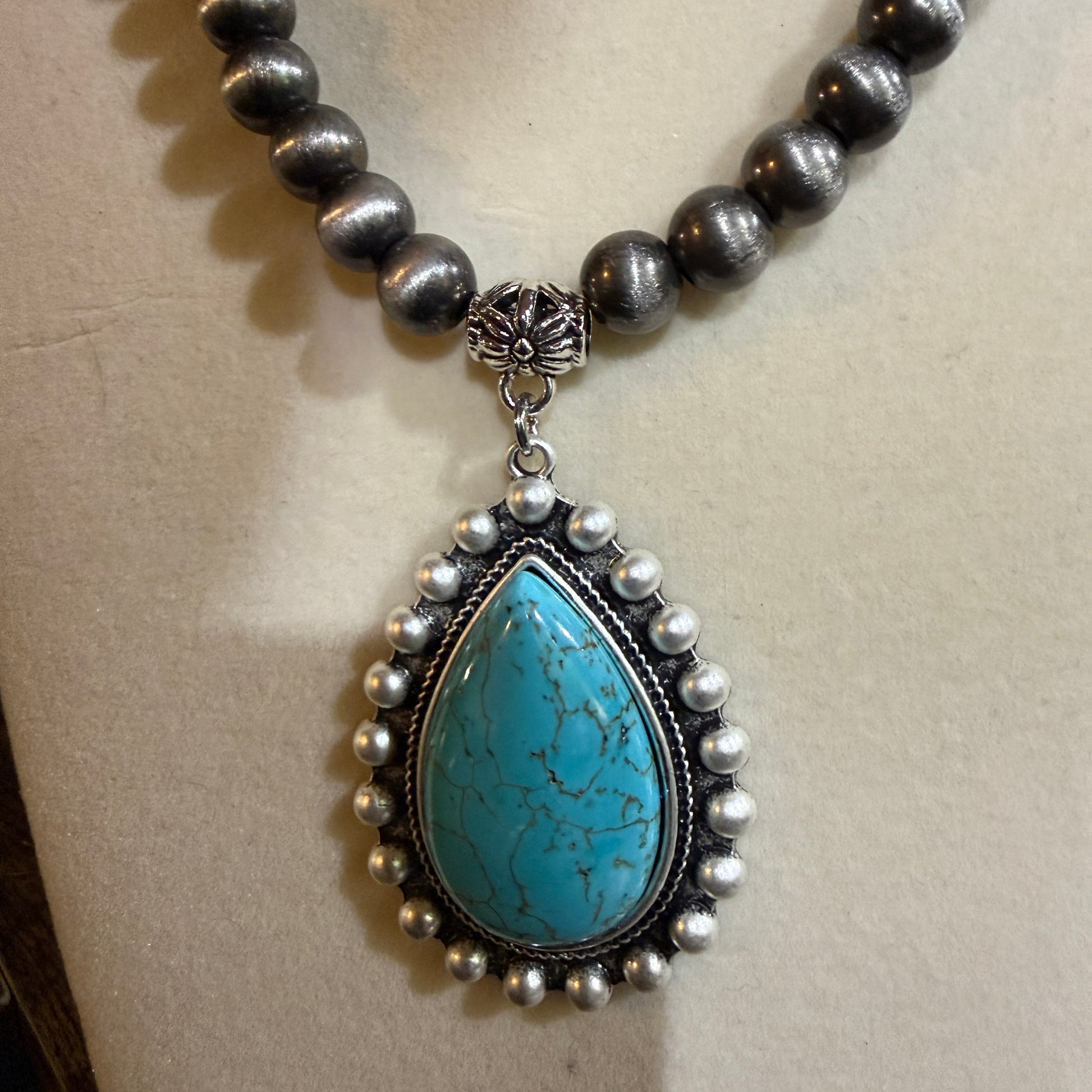 Handmade Western Turquoise Necklace 8mm Pearl Beads With 16 To 21 Inch Extender Wild West Boho