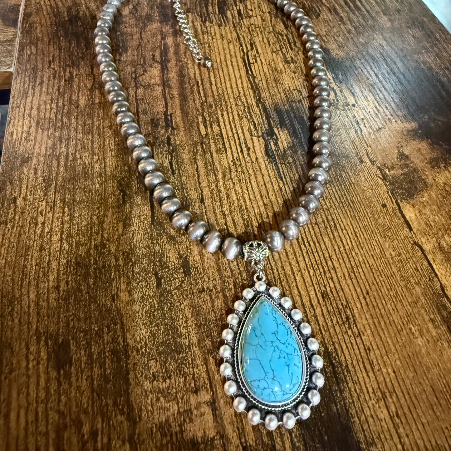 Handmade Western Turquoise Necklace 8mm Pearl Beads With 16 To 21 Inch Extender Wild West Boho