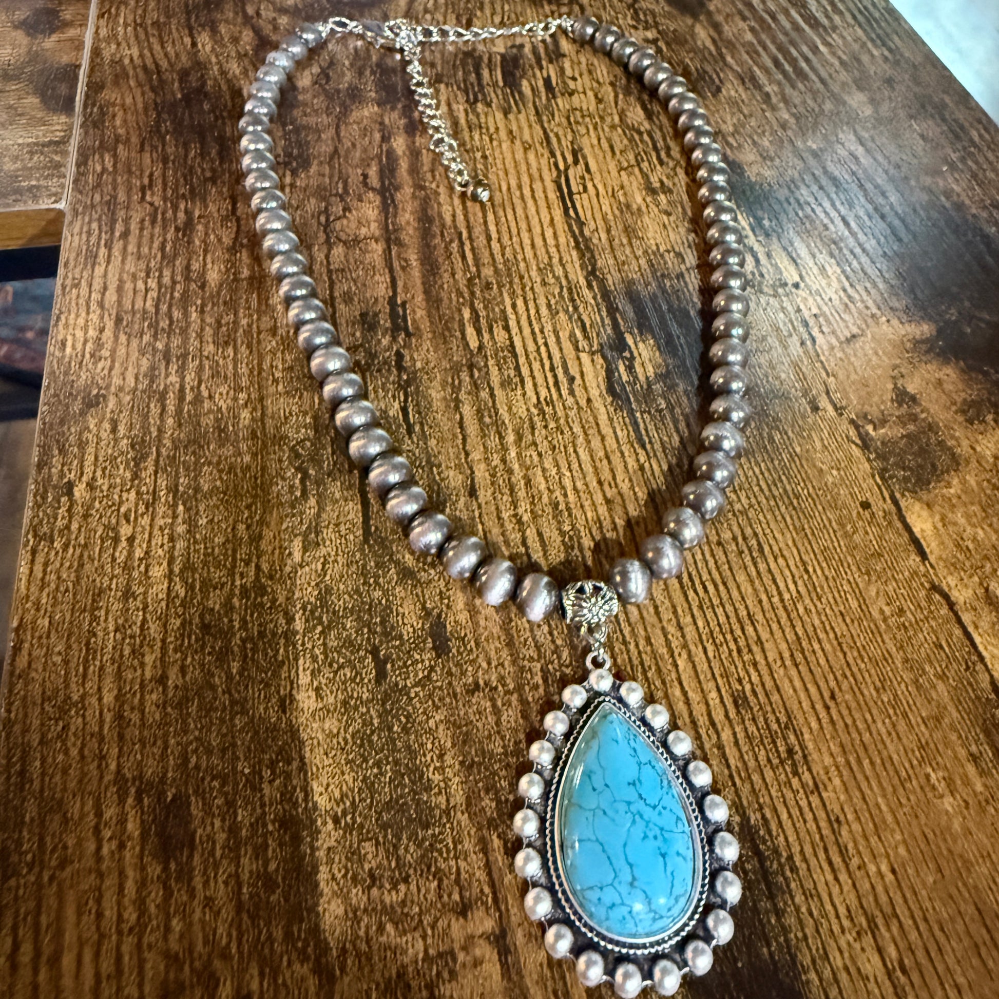 Handmade Western Turquoise Necklace 8mm Pearl Beads With 16 To 21 Inch Extender Wild West Boho