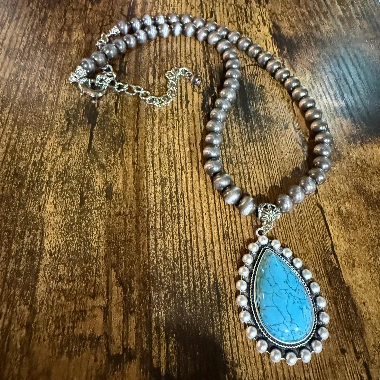 Handmade Western Turquoise Necklace 8mm Pearl Beads With 16 To 21 Inch Extender Wild West Boho