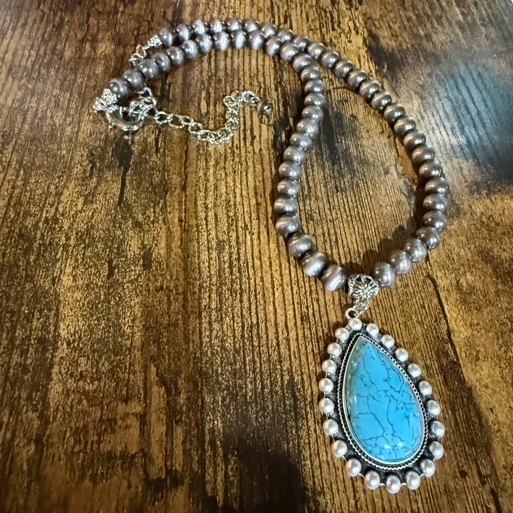 Handmade Western Turquoise Necklace 8mm Pearl Beads With 16 To 21 Inch Extender Wild West Boho