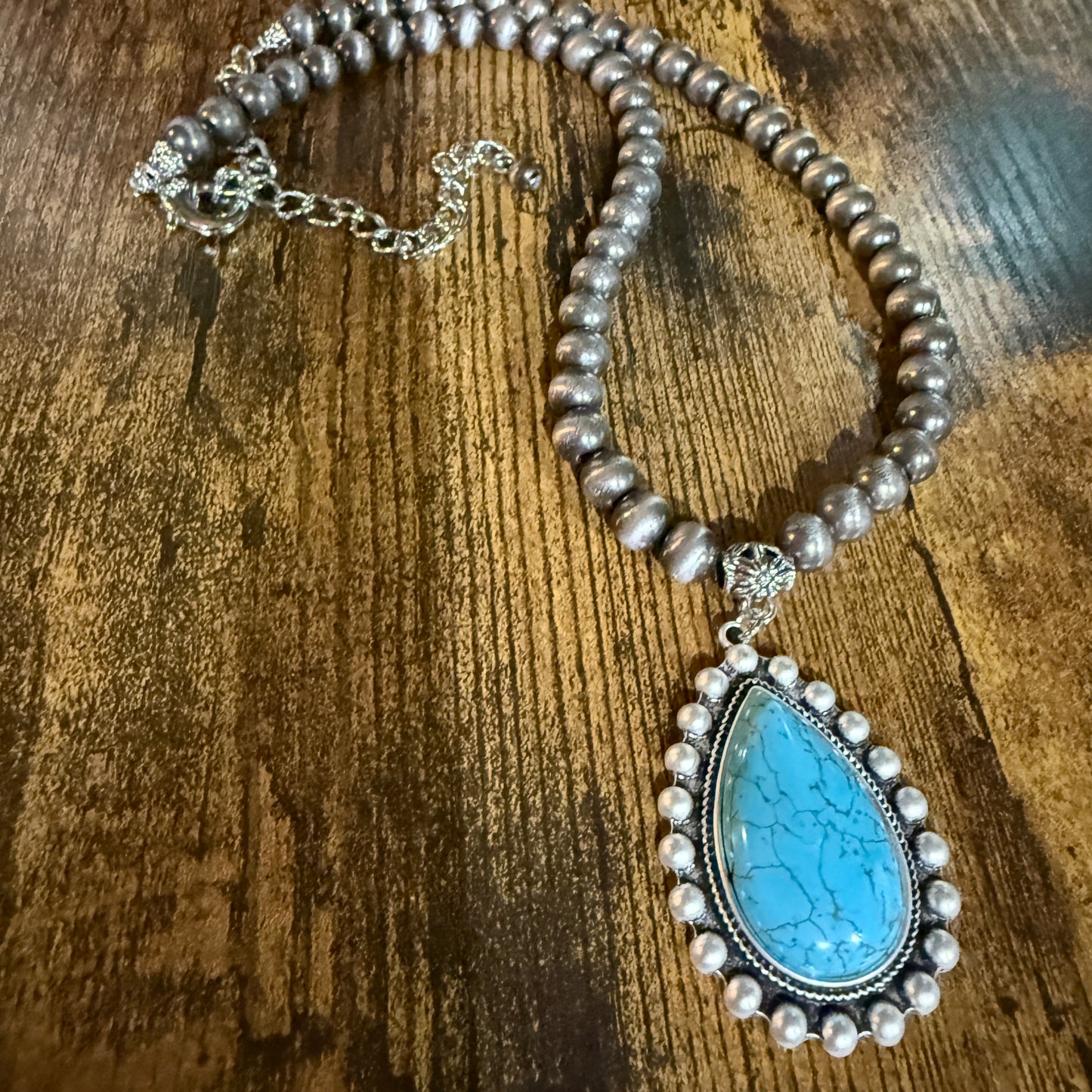 Handmade Western Turquoise Necklace 8mm Pearl Beads With 16 To 21 Inch Extender Wild West Boho