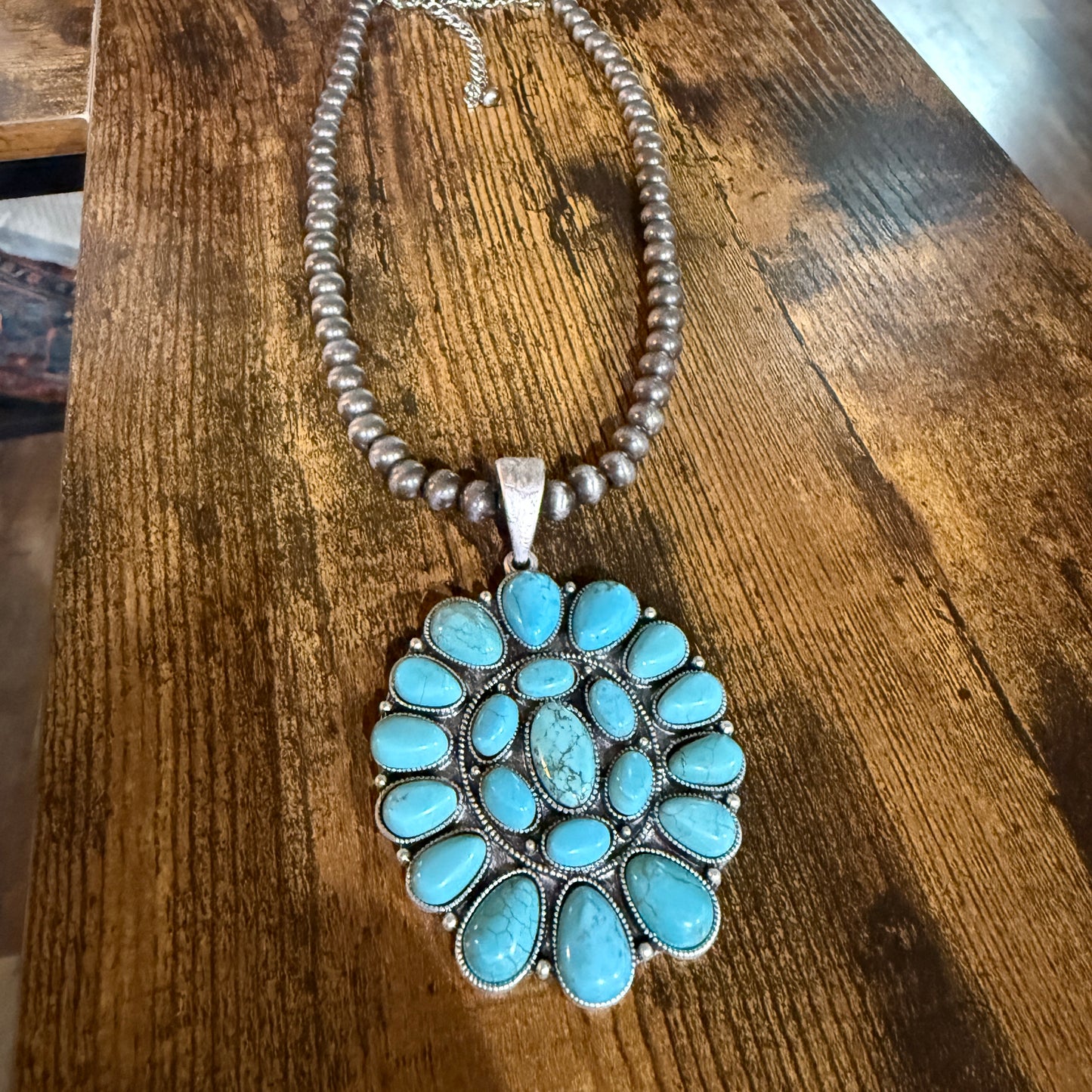 Navajo Style Turquoise 4 Inch Cluster Pendant Necklace With Pearl Beads 16 Inch Chain Wild West Boho