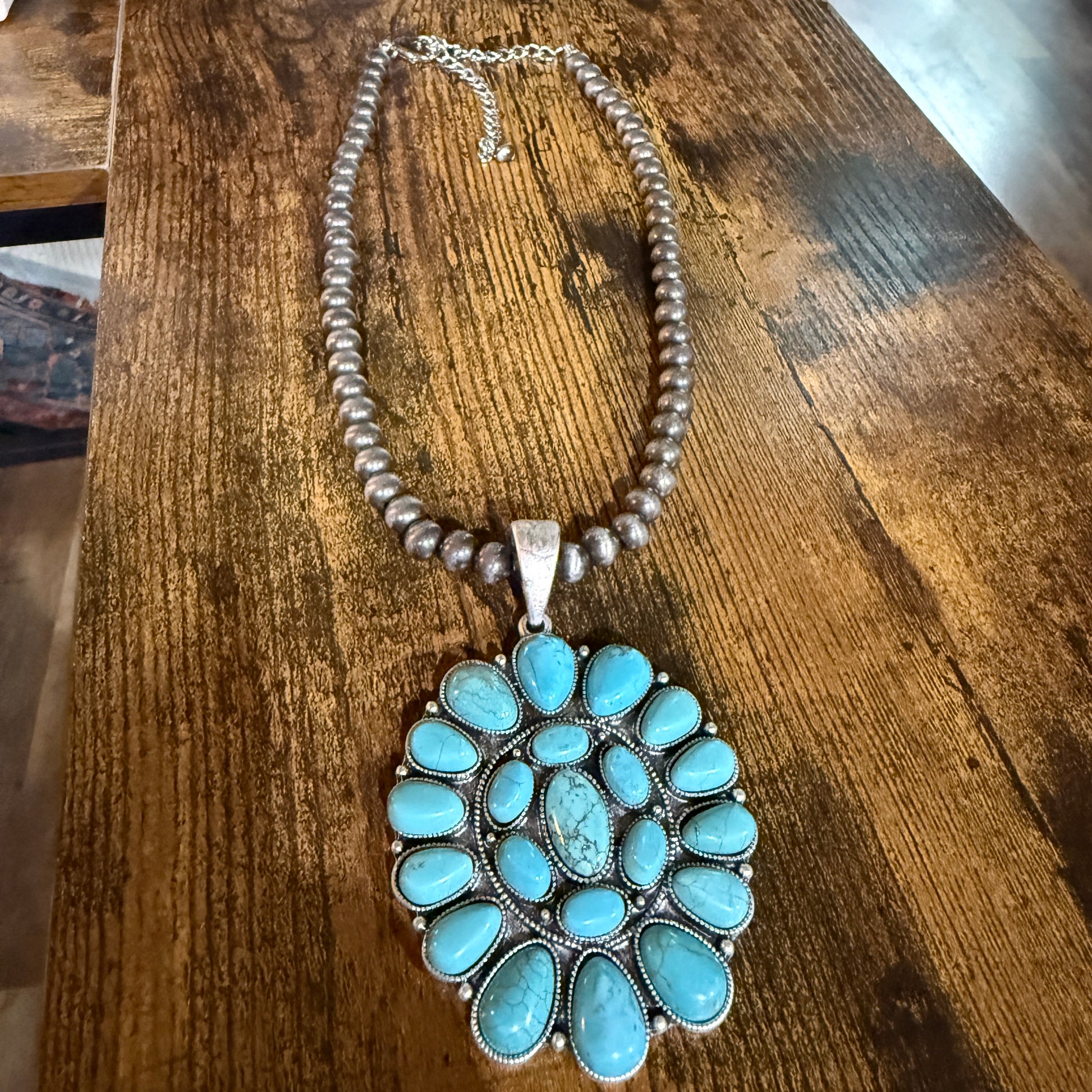 Navajo Style Turquoise 4 Inch Cluster Pendant Necklace With Pearl Beads 16 Inch Chain Wild West Boho