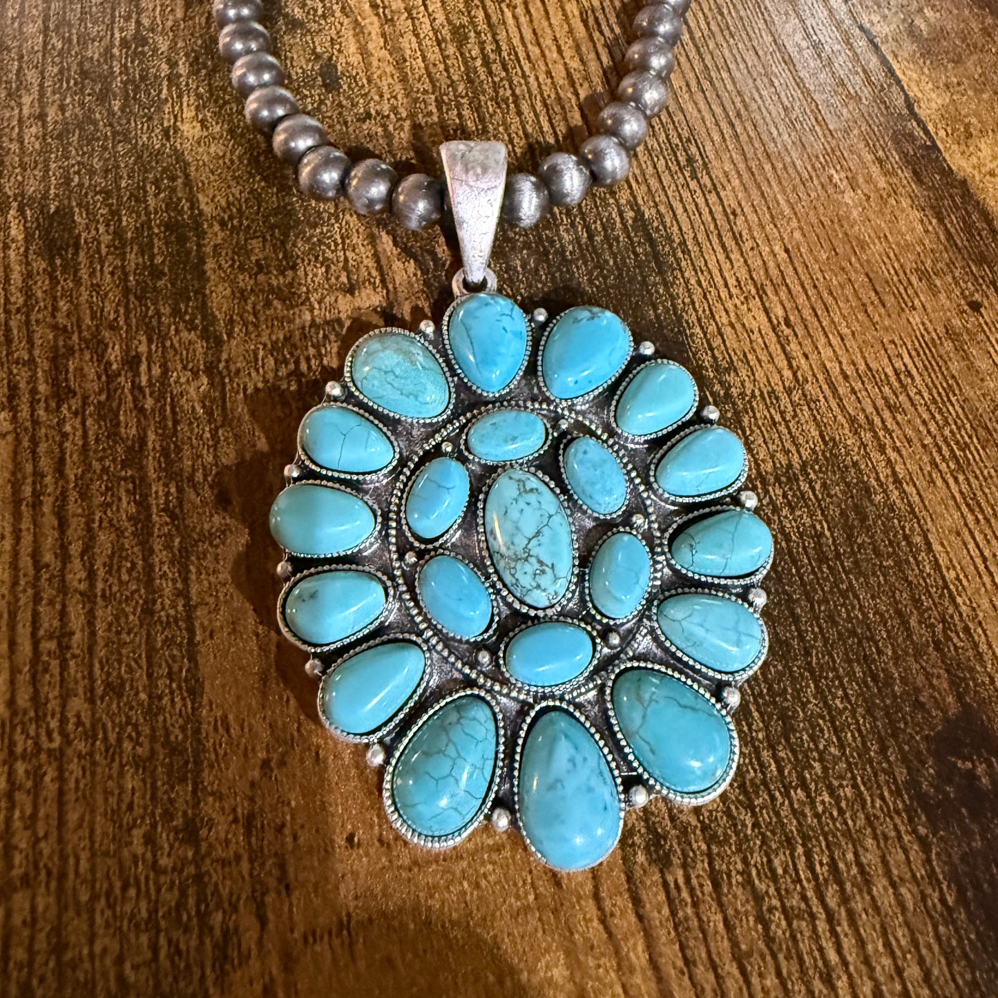 Navajo Style Turquoise 4 Inch Cluster Pendant Necklace With Pearl Beads 16 Inch Chain Wild West Boho