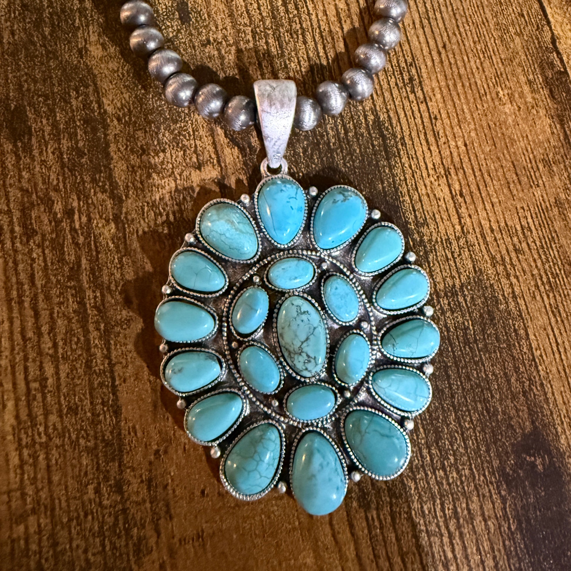 Navajo Style Turquoise 4 Inch Cluster Pendant Necklace With Pearl Beads 16 Inch Chain Wild West Boho