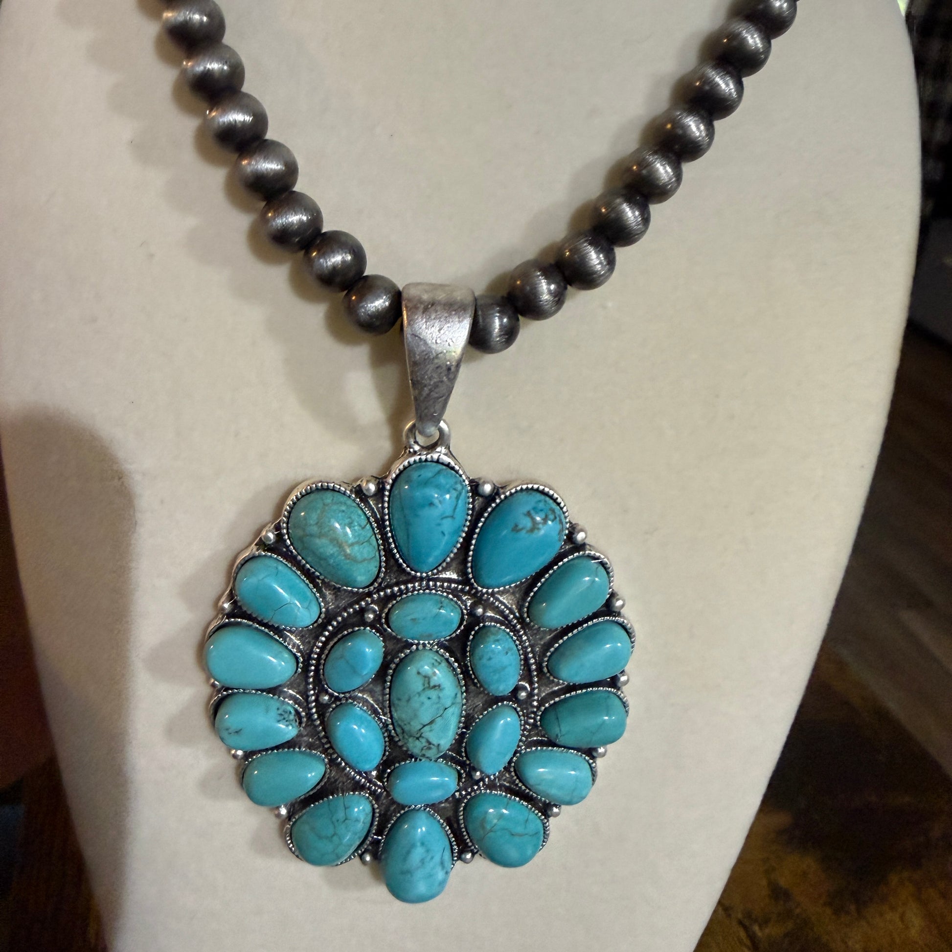 Navajo Style Turquoise 4 Inch Cluster Pendant Necklace With Pearl Beads 16 Inch Chain Wild West Boho
