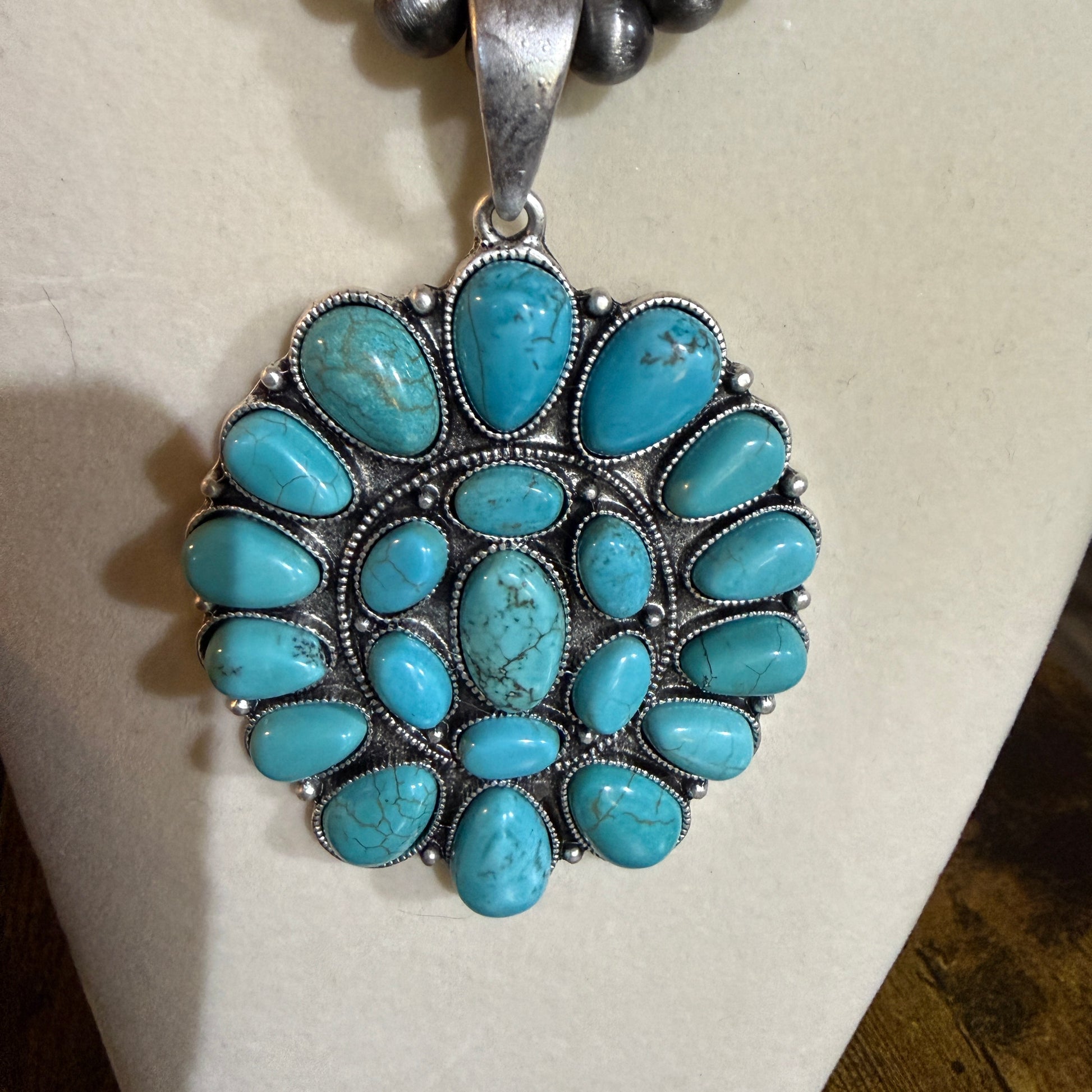 Navajo Style Turquoise 4 Inch Cluster Pendant Necklace With Pearl Beads 16 Inch Chain Wild West Boho