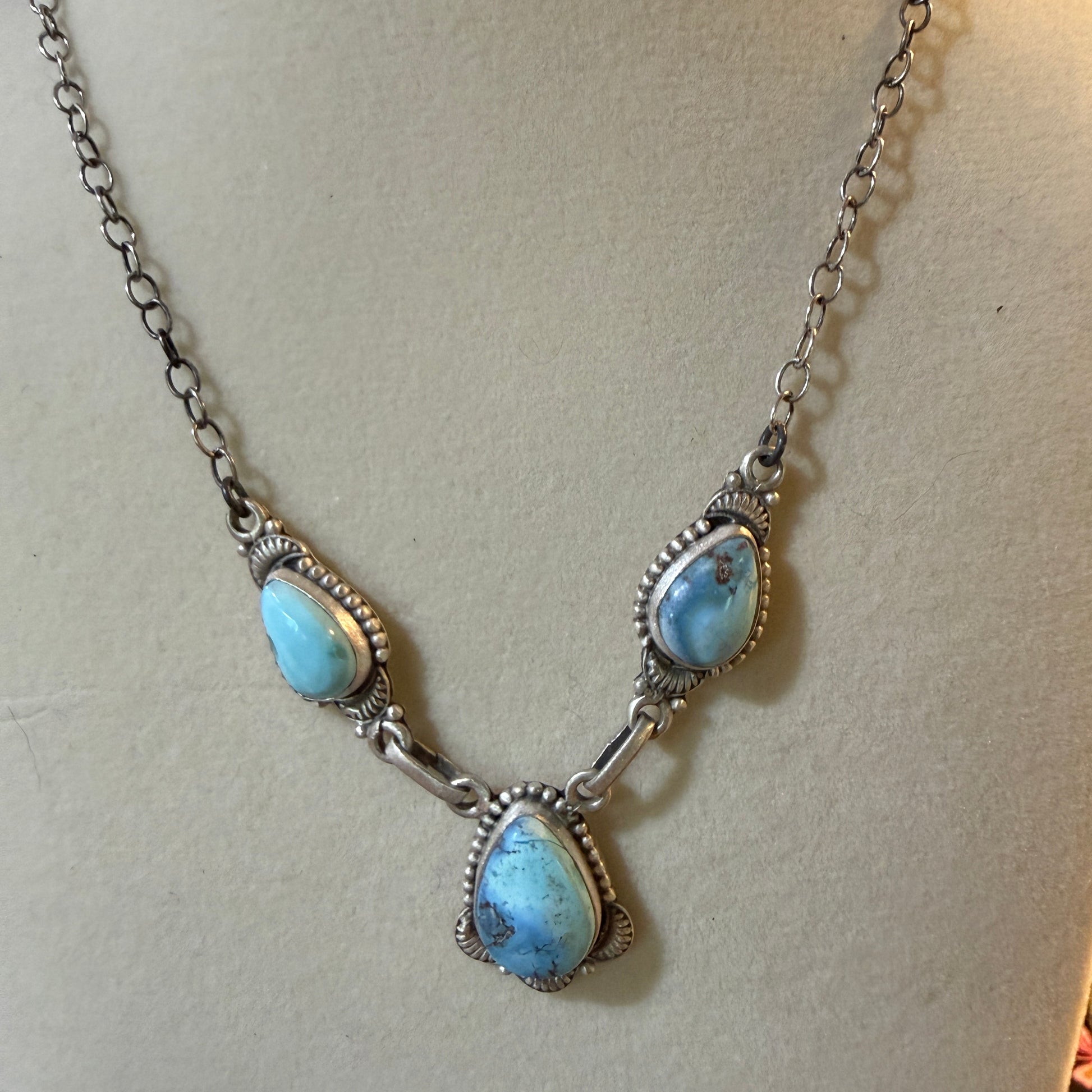 Navajo Style Golden Hills Three Gemstone Lariat Necklace Sterling Silver Wild West Boho