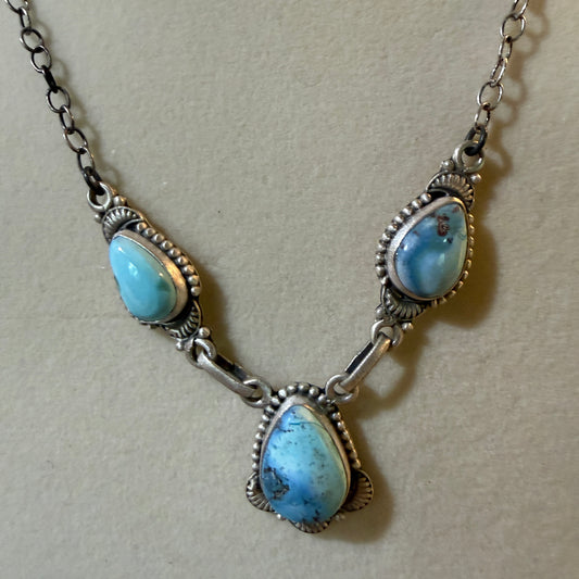 Navajo Style Golden Hills Three Gemstone Lariat Necklace Sterling Silver Wild West Boho