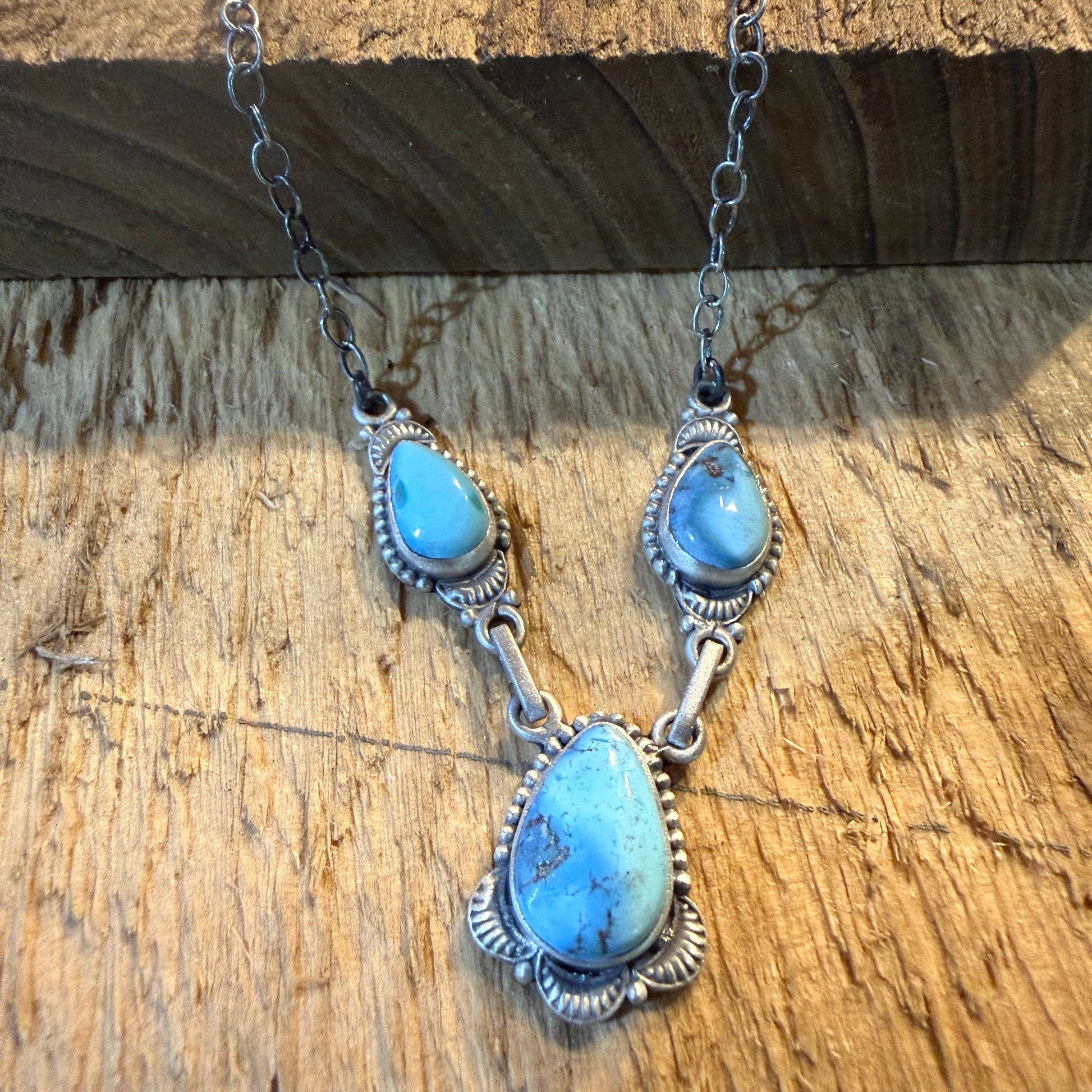 Navajo Style Golden Hills Three Gemstone Lariat Necklace Sterling Silver Wild West Boho