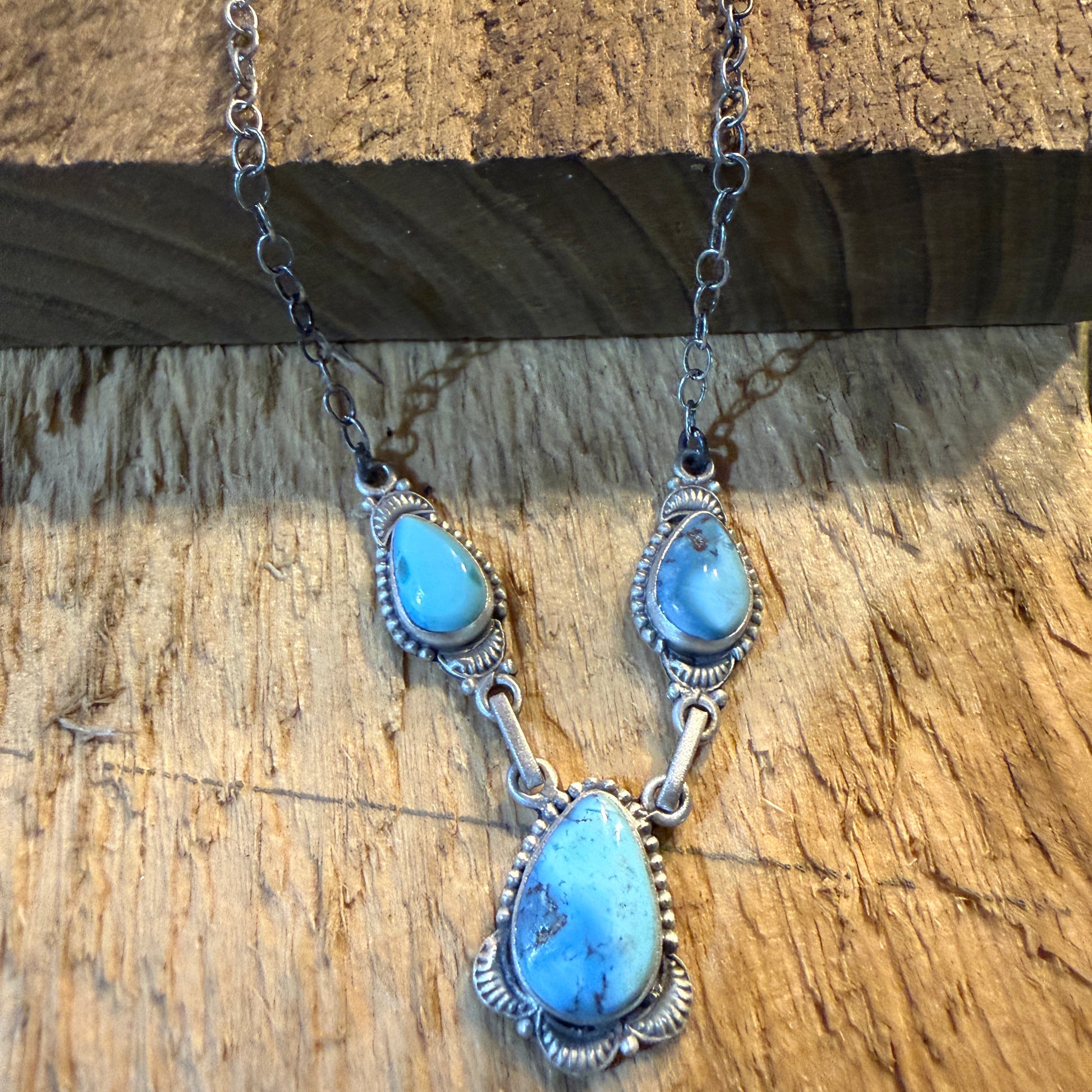 Navajo Style Golden Hills Three Gemstone Lariat Necklace Sterling Silver Wild West Boho