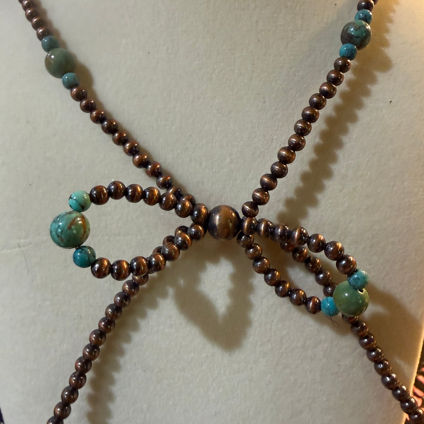Genuine Copper 4mm Pearl Beads Bow Necklace With Kingman Turquoise 20 Inch Wild West Boho