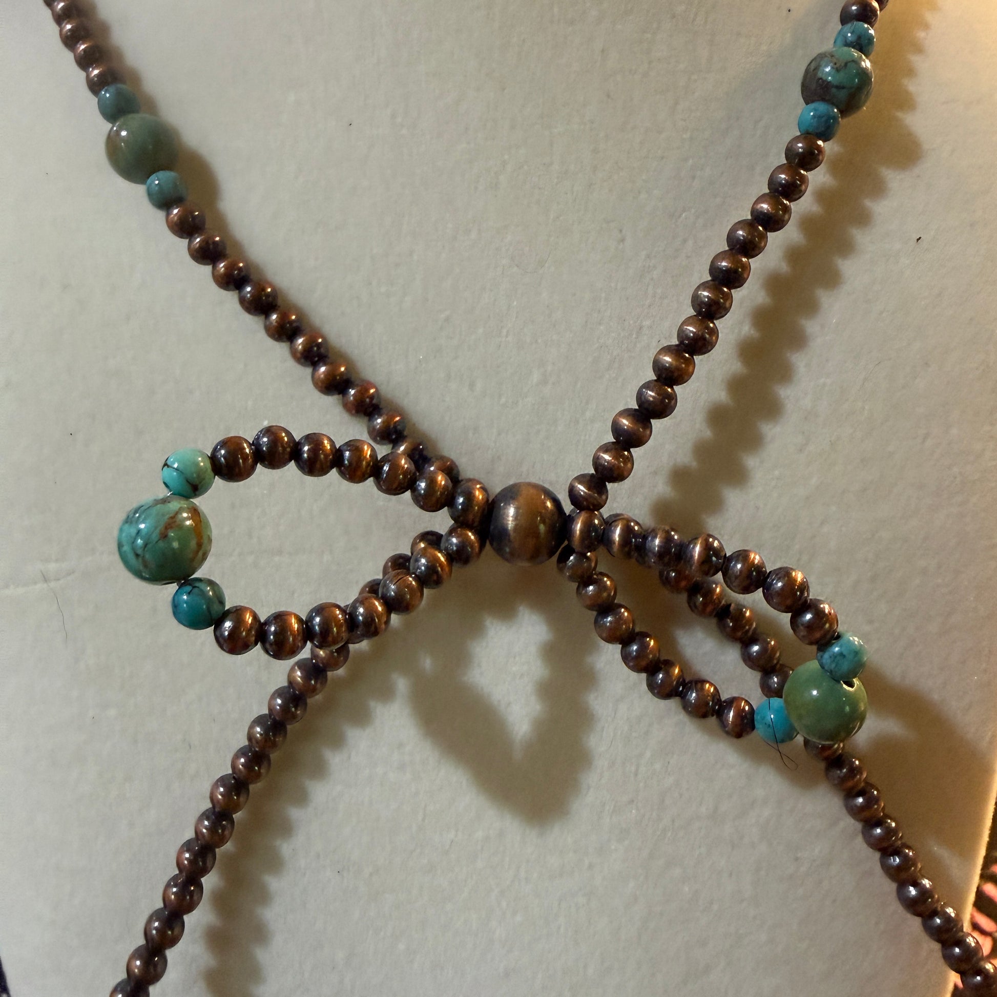 Genuine Copper 4mm Pearl Beads Bow Necklace With Kingman Turquoise 20 Inch Wild West Boho