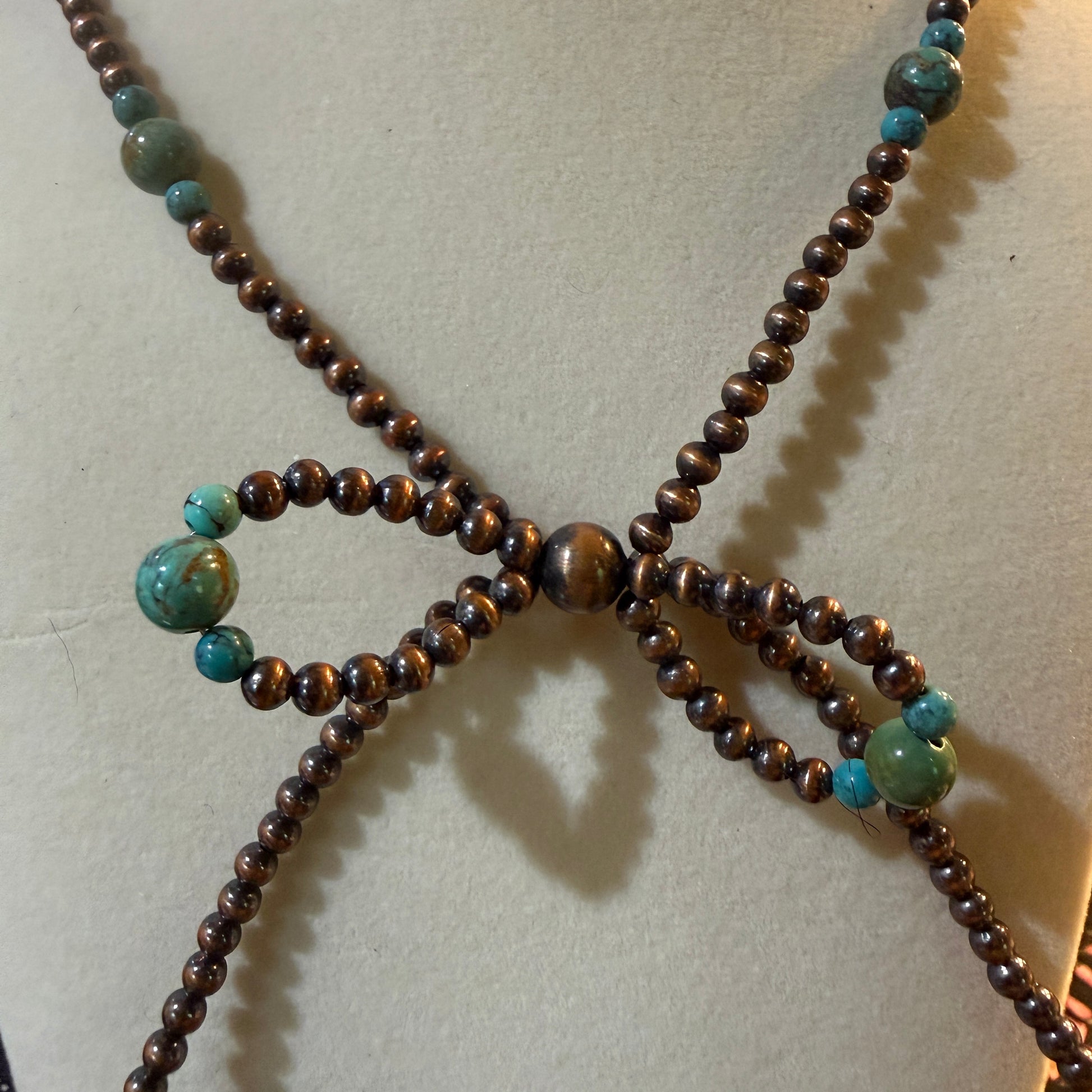 Genuine Copper 4mm Pearl Beads Bow Necklace With Kingman Turquoise 20 Inch Wild West Boho