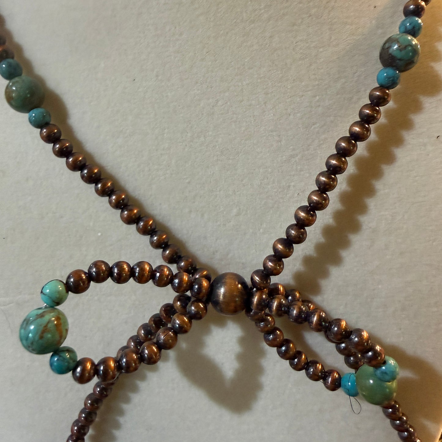 Genuine Copper 4mm Pearl Beads Bow Necklace With Kingman Turquoise 20 Inch Wild West Boho