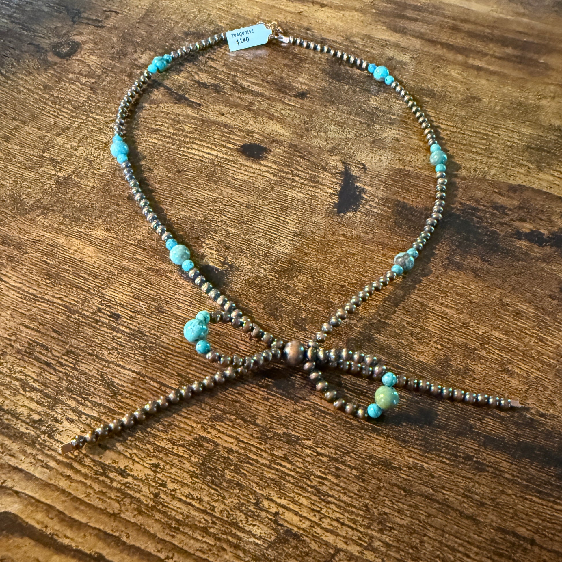Genuine Copper 4mm Pearl Beads Bow Necklace With Kingman Turquoise 20 Inch Wild West Boho