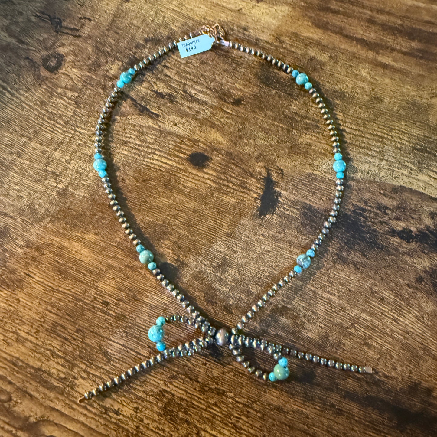 Genuine Copper 4mm Pearl Beads Bow Necklace With Kingman Turquoise 20 Inch Wild West Boho