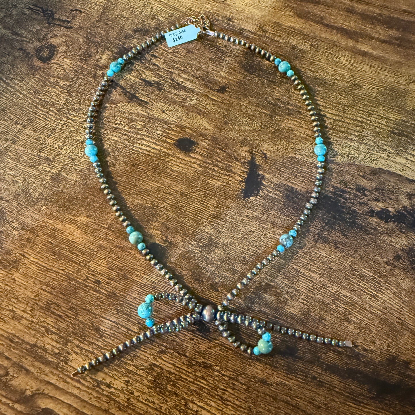 Genuine Copper 4mm Pearl Beads Bow Necklace With Kingman Turquoise 20 Inch Wild West Boho