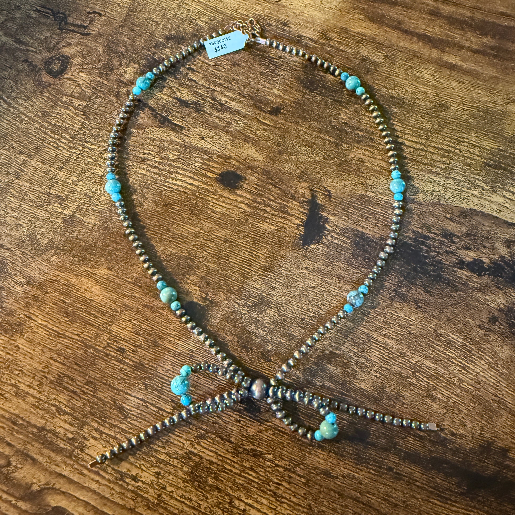 Genuine Copper 4mm Pearl Beads Bow Necklace With Kingman Turquoise 20 Inch Wild West Boho