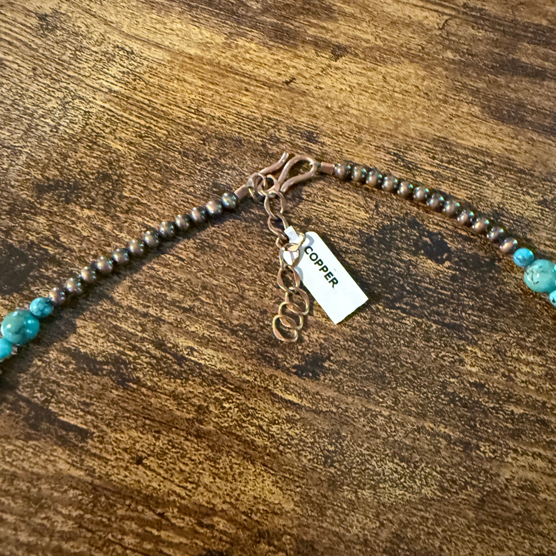Genuine Copper 4mm Pearl Beads Bow Necklace With Kingman Turquoise 20 Inch Wild West Boho
