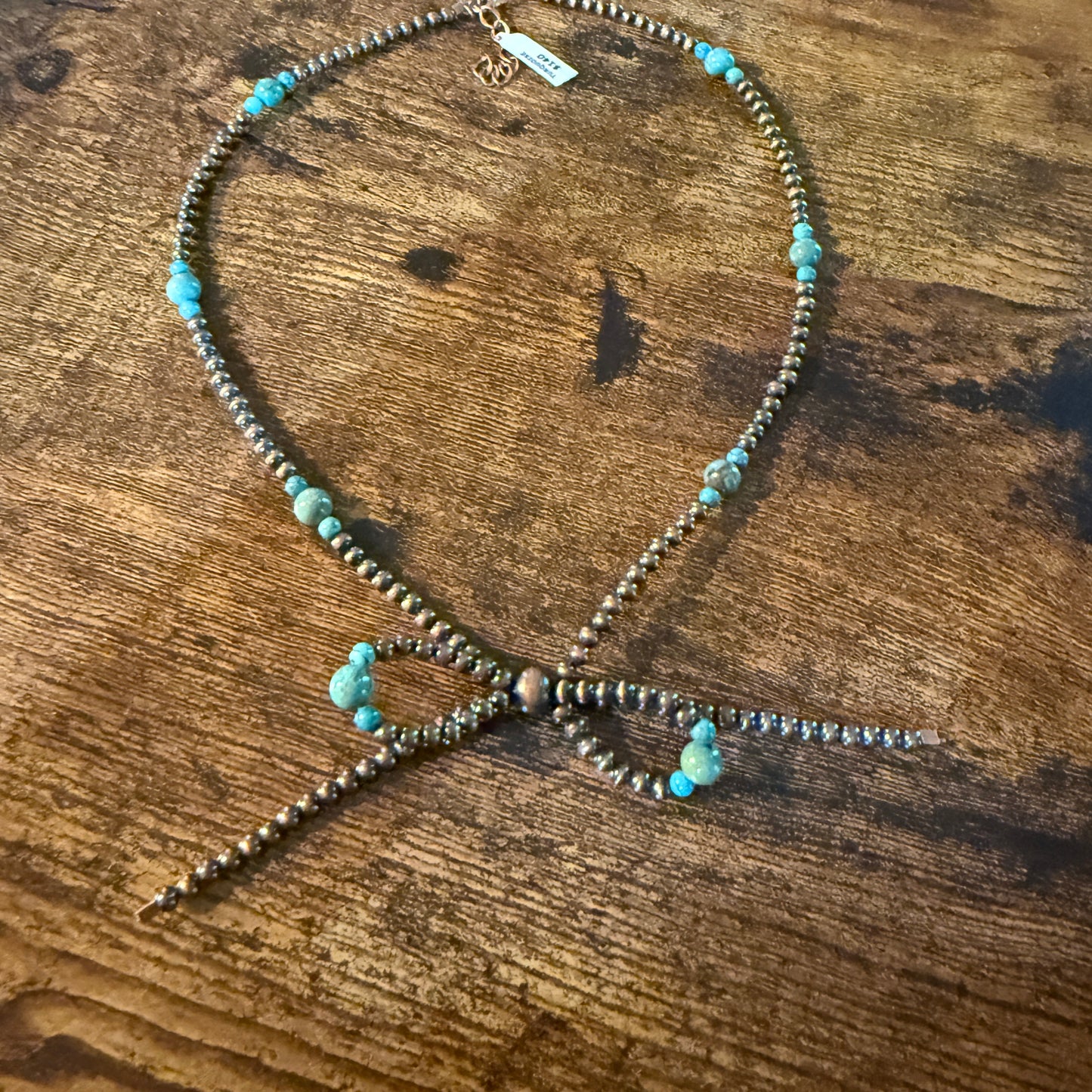 Genuine Copper 4mm Pearl Beads Bow Necklace With Kingman Turquoise 20 Inch Wild West Boho