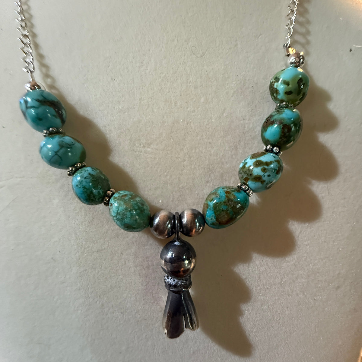 Navajo Style Sonoran Gold Turquoise Bead Necklace Sterling Silver 18 Inch Wild West Boho