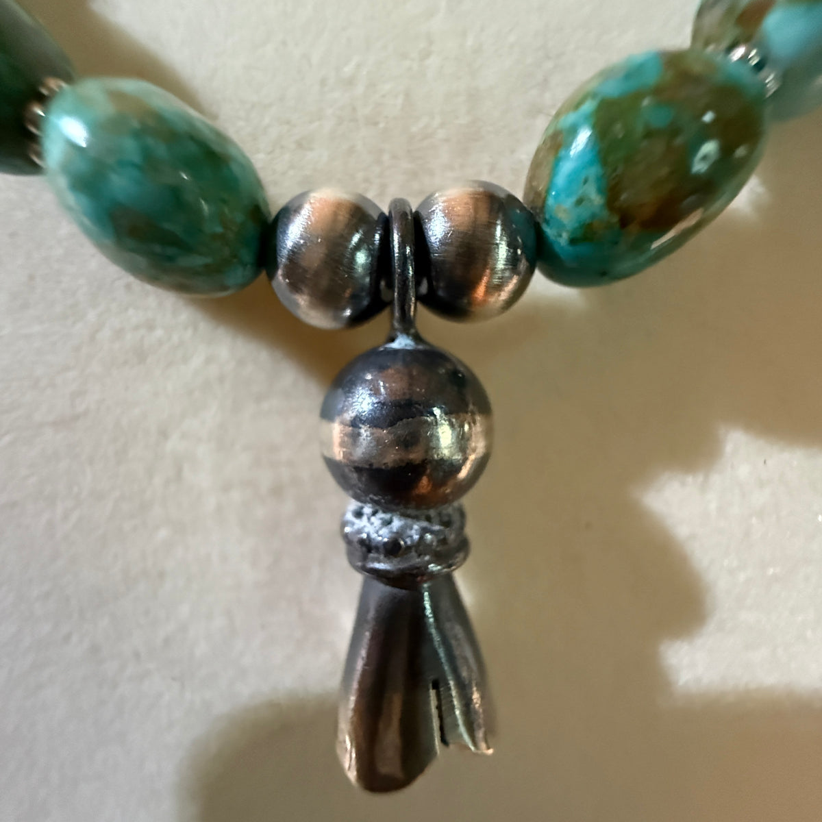 Navajo Style Sonoran Gold Turquoise Bead Necklace Sterling Silver 18 Inch Wild West Boho