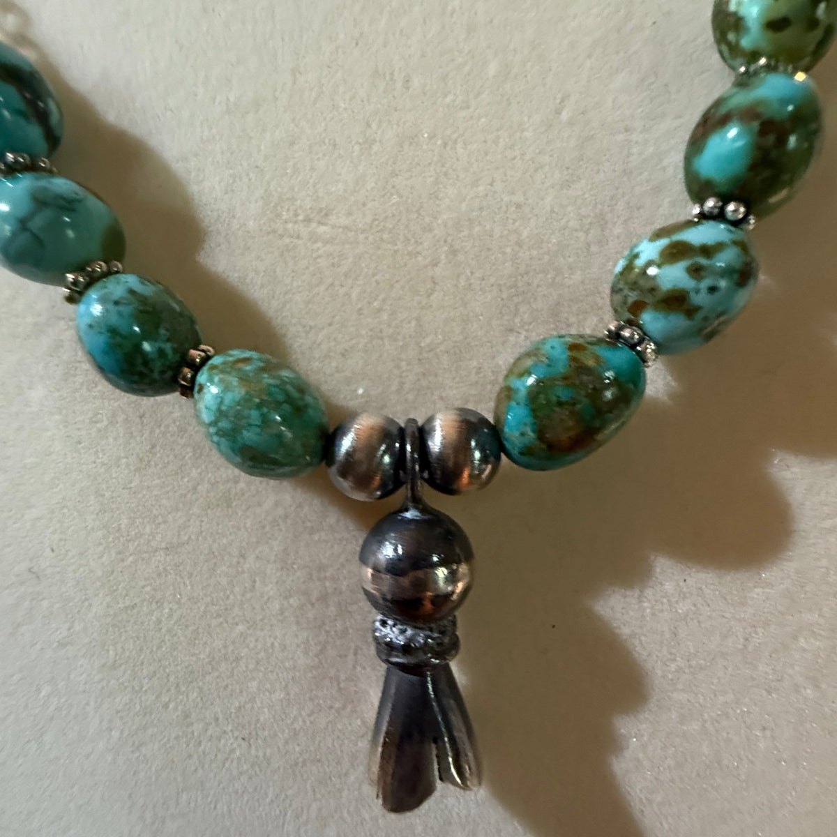 Navajo Style Sonoran Gold Turquoise Bead Necklace Sterling Silver 18 Inch Wild West Boho
