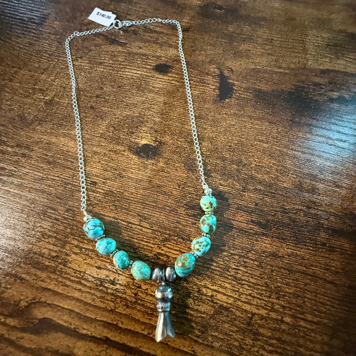 Navajo Style Sonoran Gold Turquoise Bead Necklace Sterling Silver 18 Inch Wild West Boho