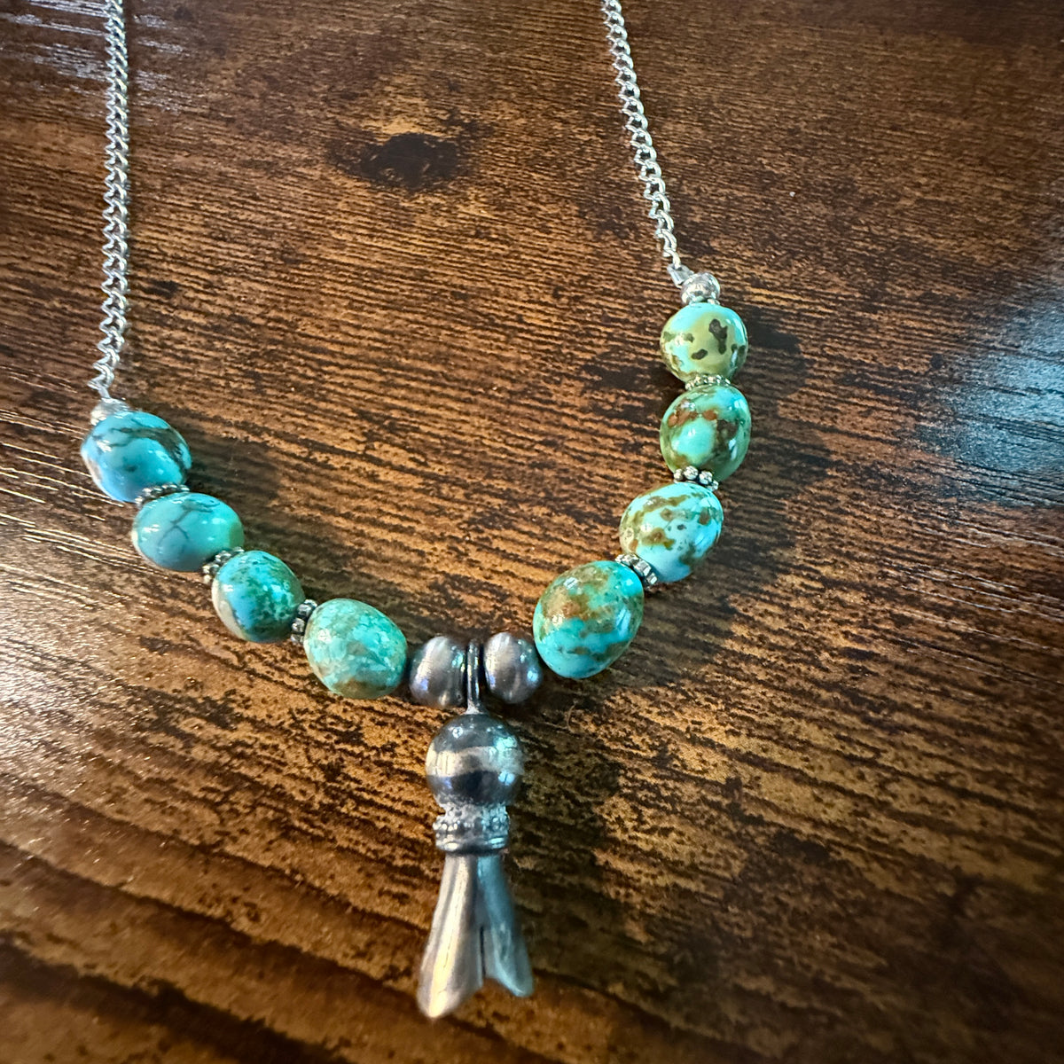 Navajo Style Sonoran Gold Turquoise Bead Necklace Sterling Silver 18 Inch Wild West Boho
