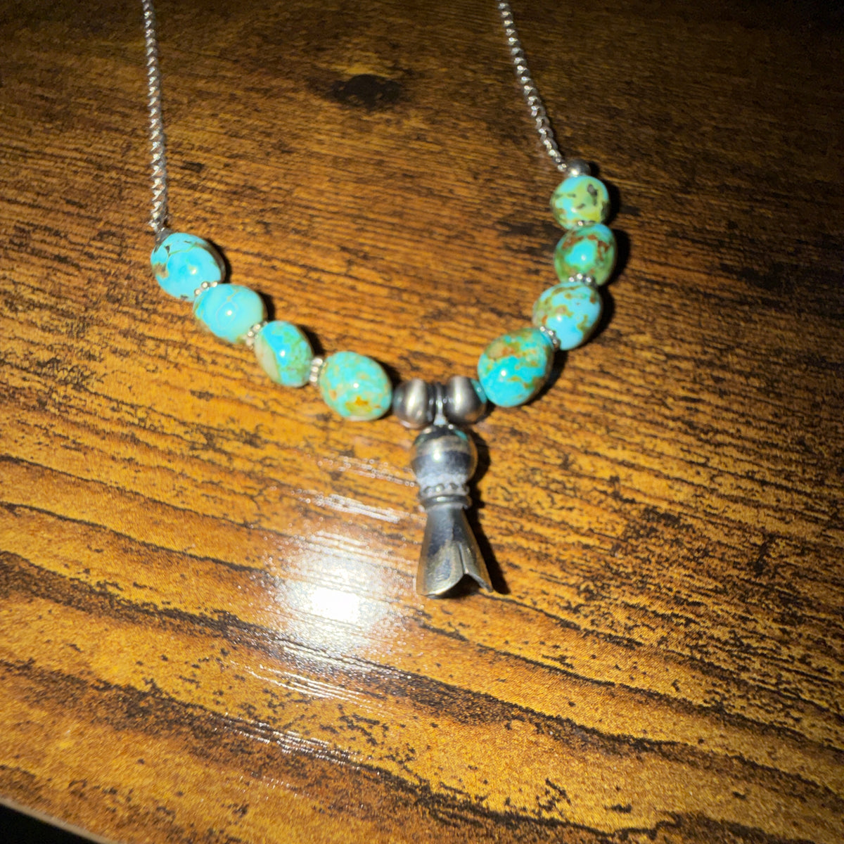 Navajo Style Sonoran Gold Turquoise Bead Necklace Sterling Silver 18 Inch Wild West Boho