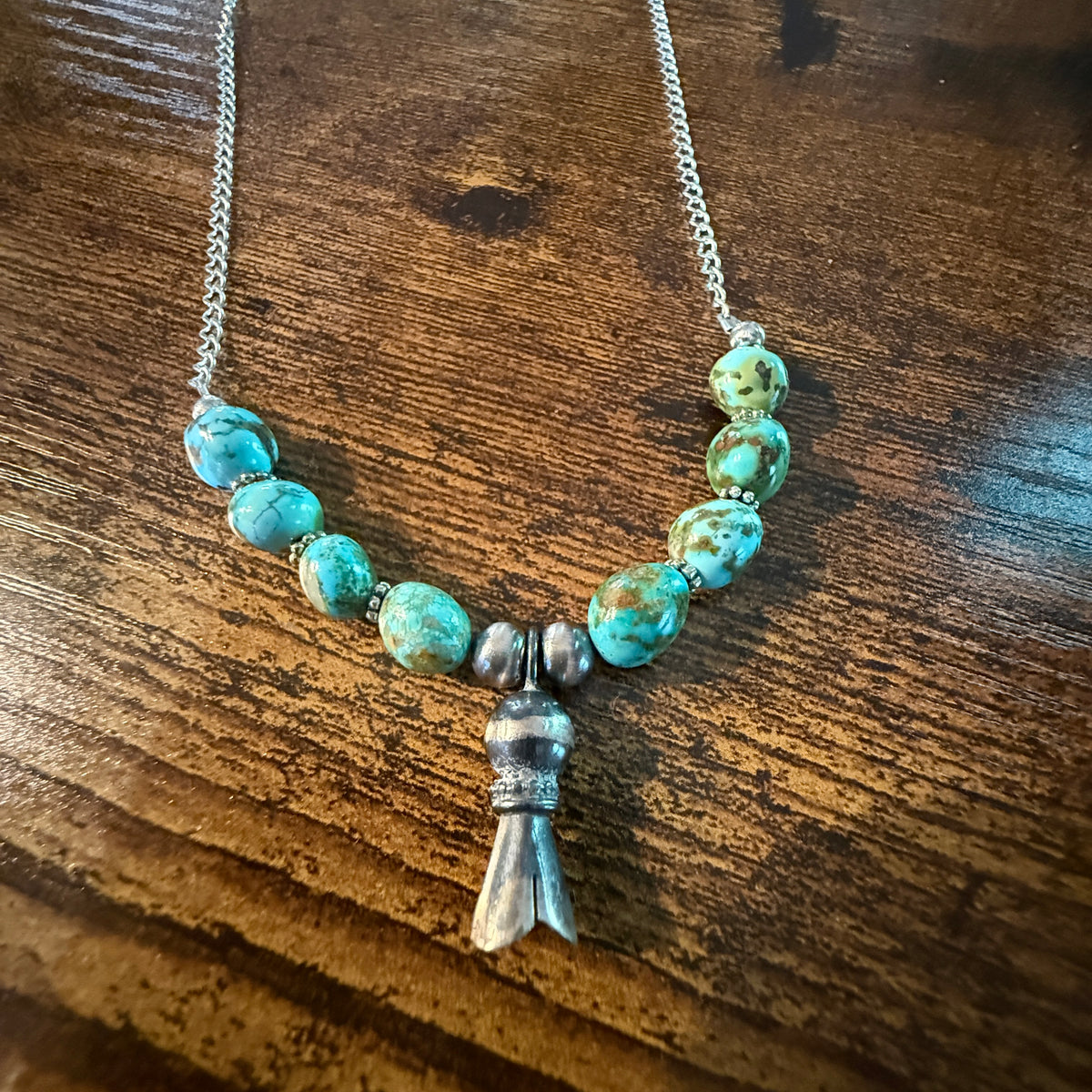 Navajo Style Sonoran Gold Turquoise Bead Necklace Sterling Silver 18 Inch Wild West Boho