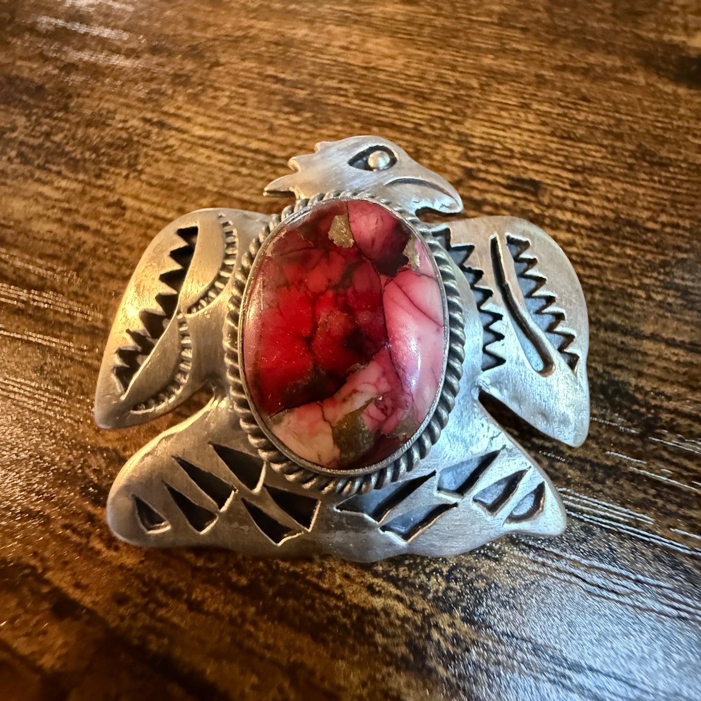 Navajo Style Thunderbird Pendant Sterling Silver Red Rose Dahlia Wild West Boho