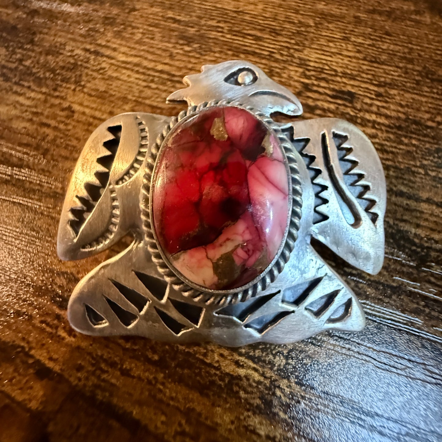 Navajo Style Thunderbird Pendant Sterling Silver Red Rose Dahlia Wild West Boho
