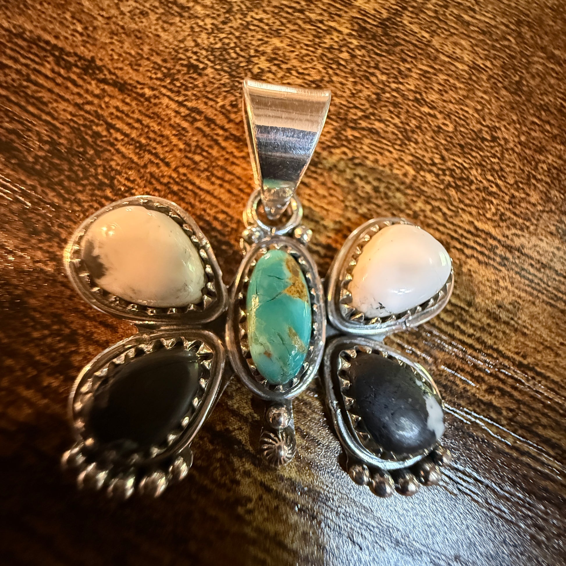 Sonoran Gold and White Buffalo Gemstone Butterfly Pendant in Sterling Silver Wild West Boho