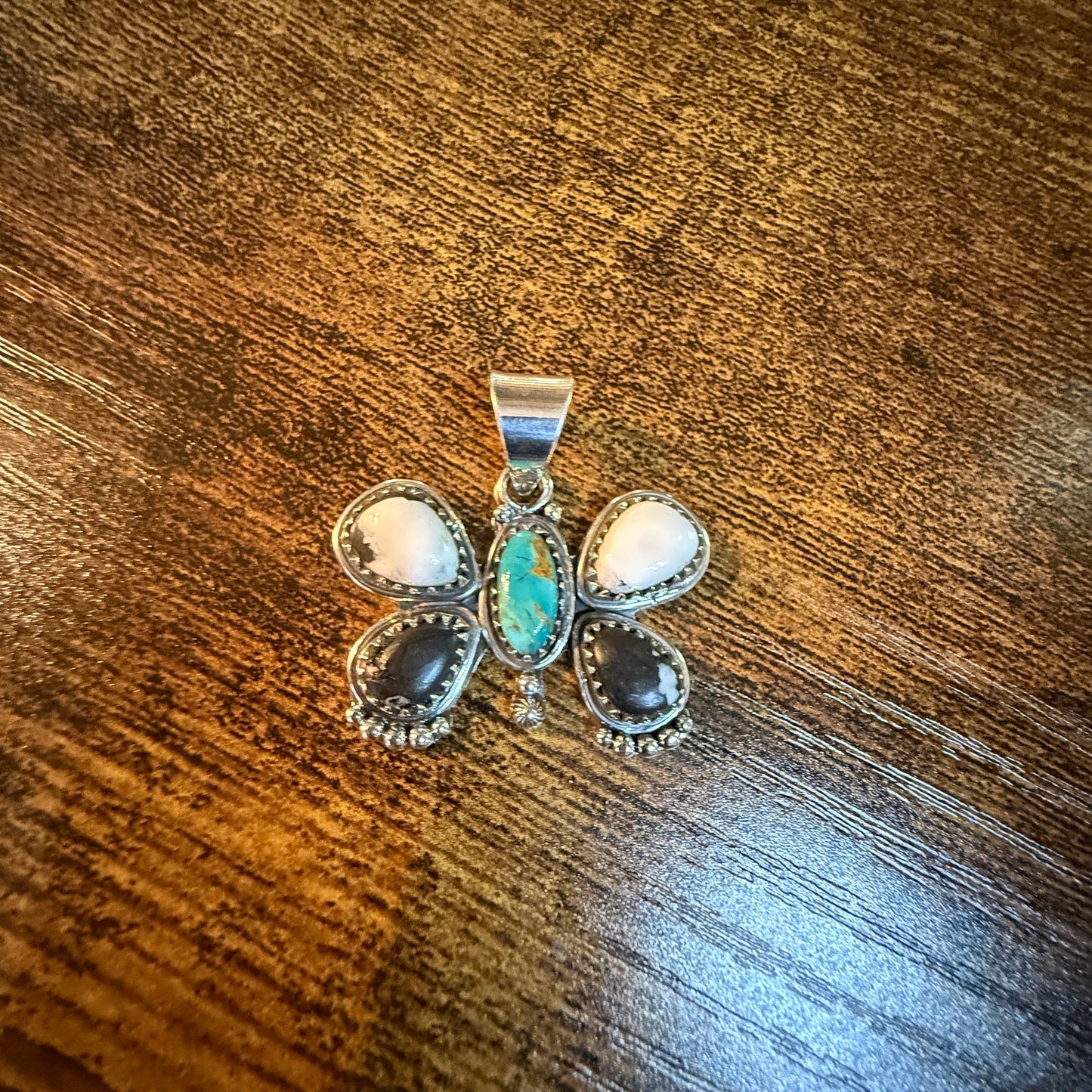 Sonoran Gold and White Buffalo Gemstone Butterfly Pendant in Sterling Silver Wild West Boho