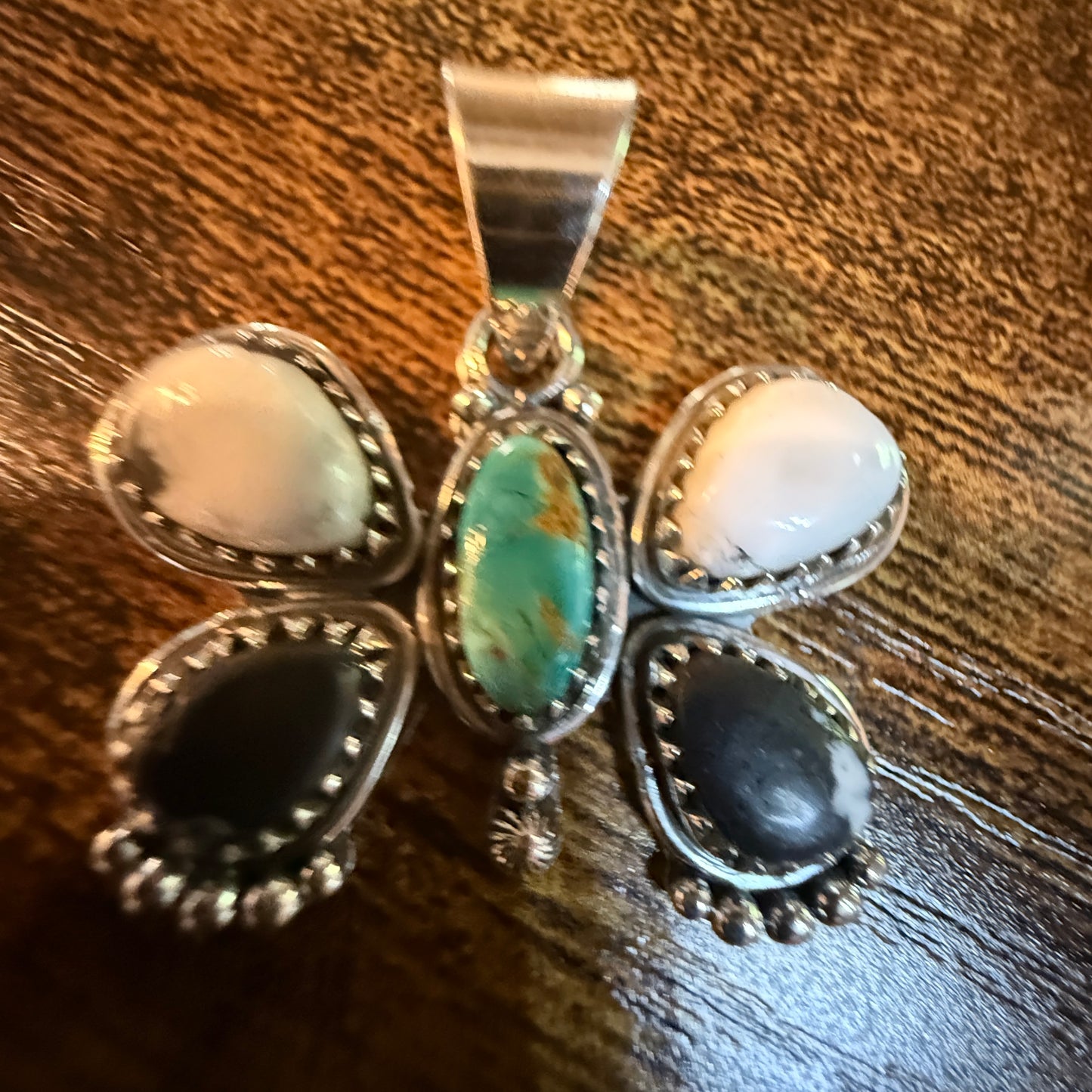 Sonoran Gold and White Buffalo Gemstone Butterfly Pendant in Sterling Silver Wild West Boho