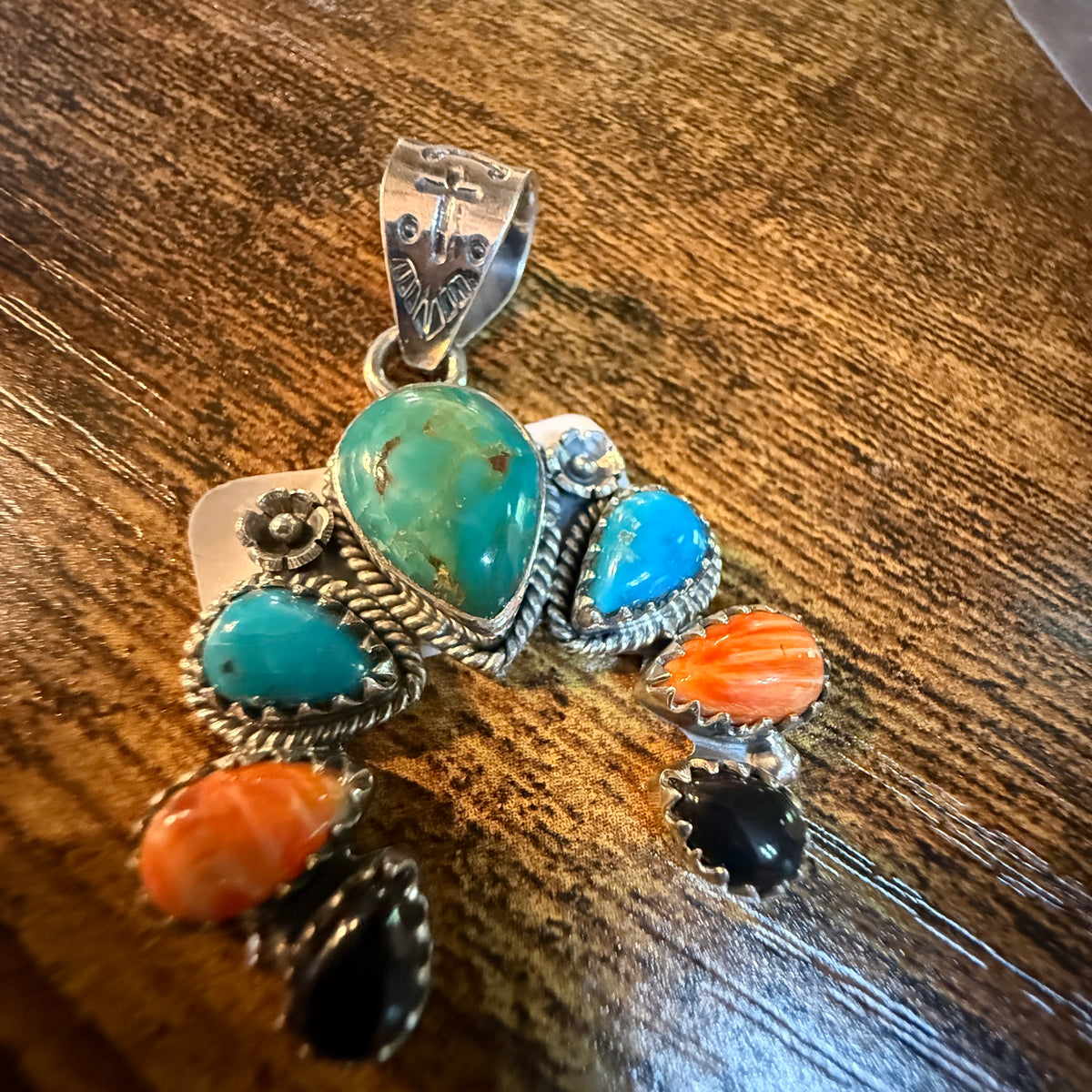 Squash Pendant Sterling Silver Black Onyx Coral Lone Mountain Sonoran Gold Wild West Boho
