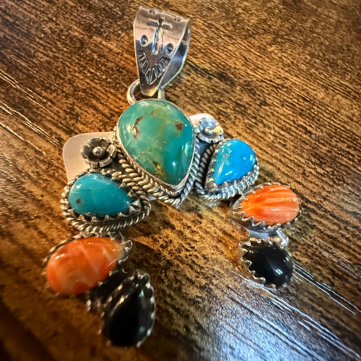 Squash Pendant Sterling Silver Black Onyx Coral Lone Mountain Sonoran Gold Wild West Boho
