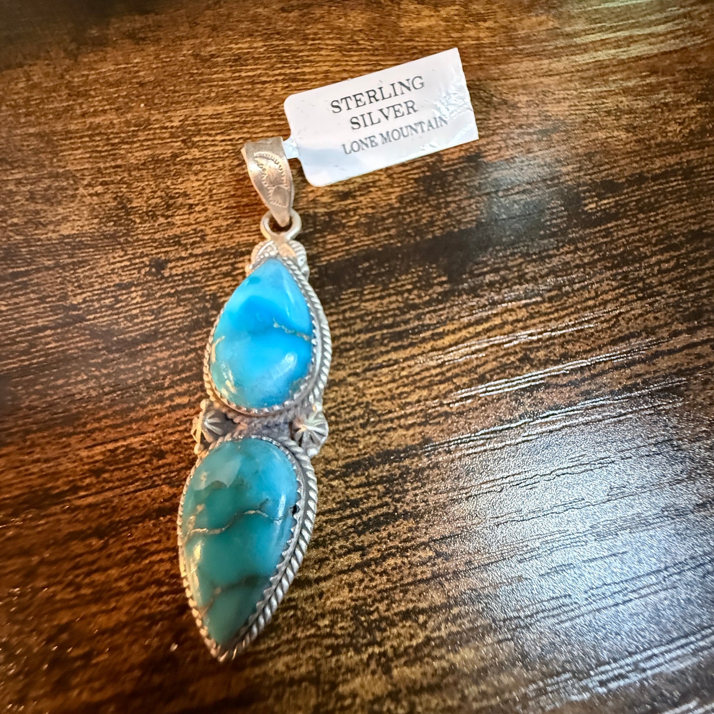 Navajo Style Lone Mountain Turquoise Gemstone Pendant In Sterling Silver, 2.5 Inches Wild West Boho