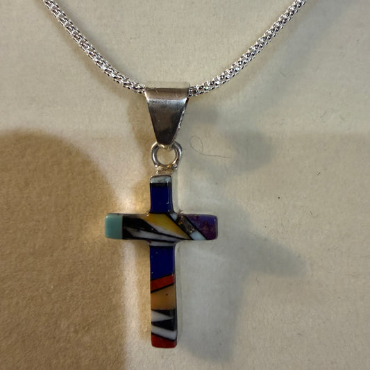 One Inch Sterling Silver Cross Pendant With Lapis Onyx Coral Turquoise Inlay Wild West Boho